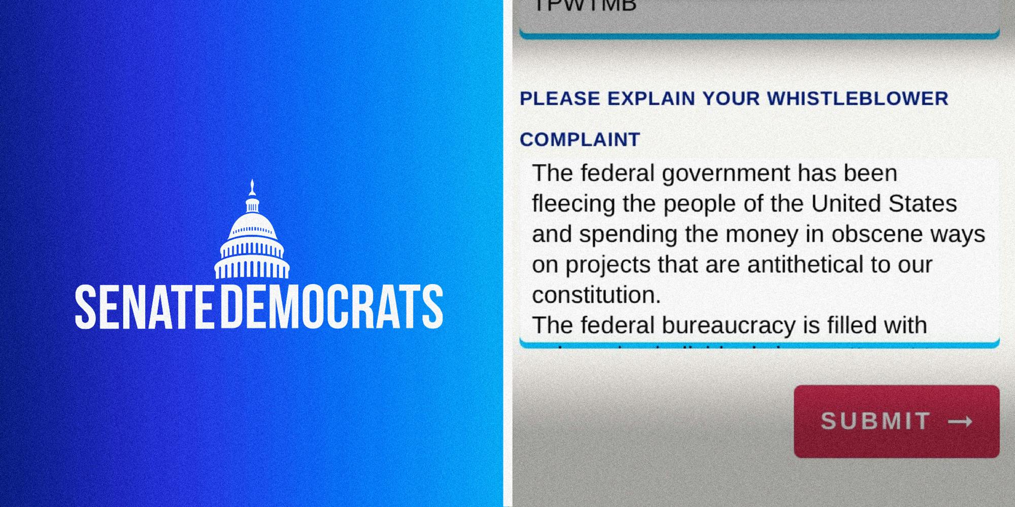 2 panel image, on the left we see the logo of the Senate Democrats and on the right a complaint left by a citizen.