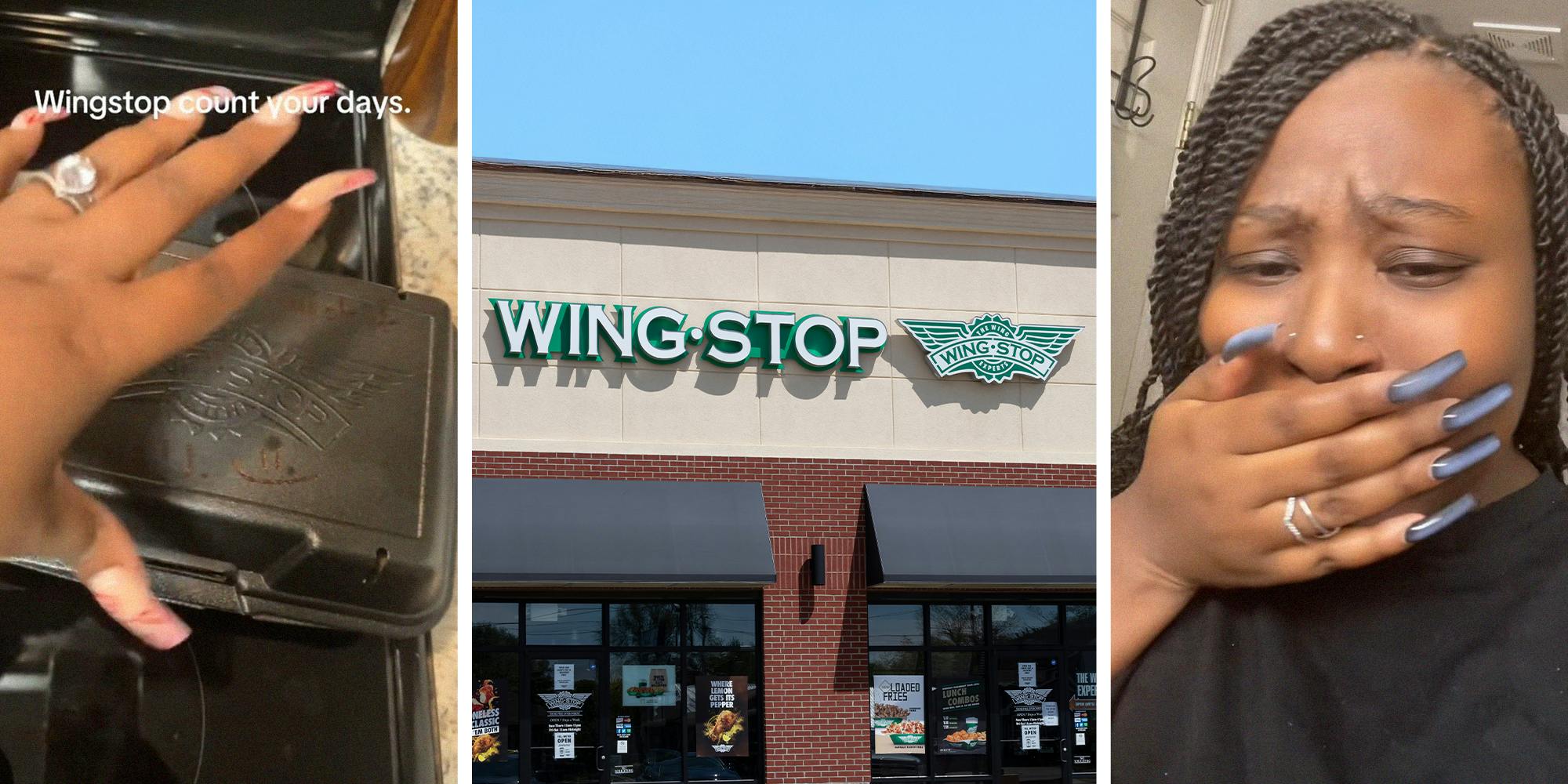 Woman opening a wingstop container of food(l) Wingstop Restaurant(c) Woman looking shocked(r)