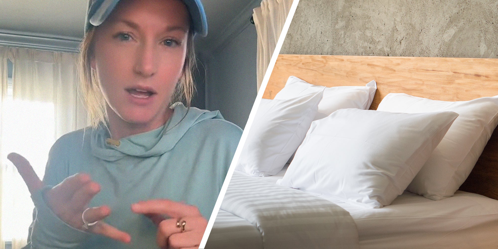 woman shares reason not to sleep with two pillows(l) Bed with multiple pillows(r)
