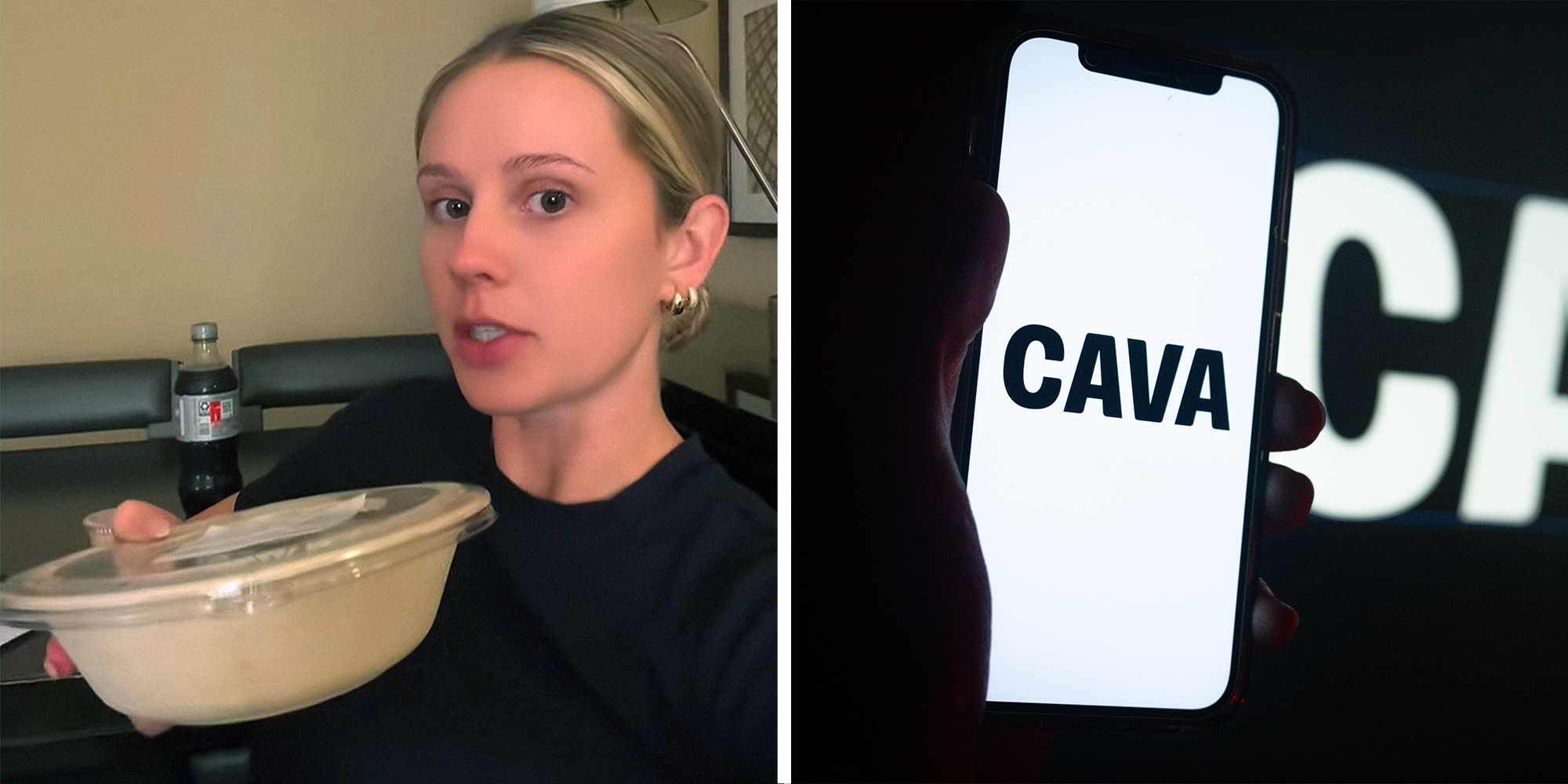 Woman holding food takeout bowl while talking to camera on left. Cava app opened on phone screen on right.