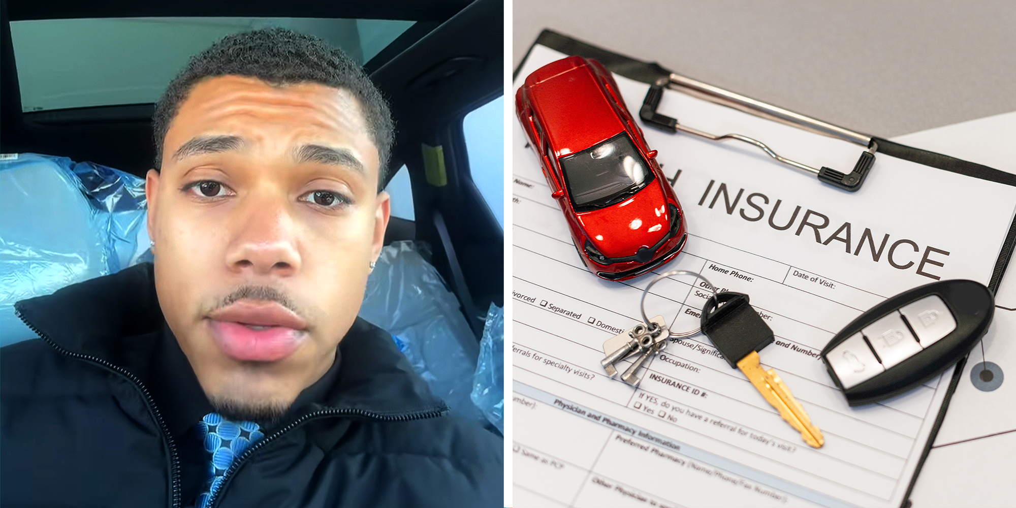 Man sitting in car explaining what happened to woman's car. Clipboard with car insurance form along with car keys and small car model.