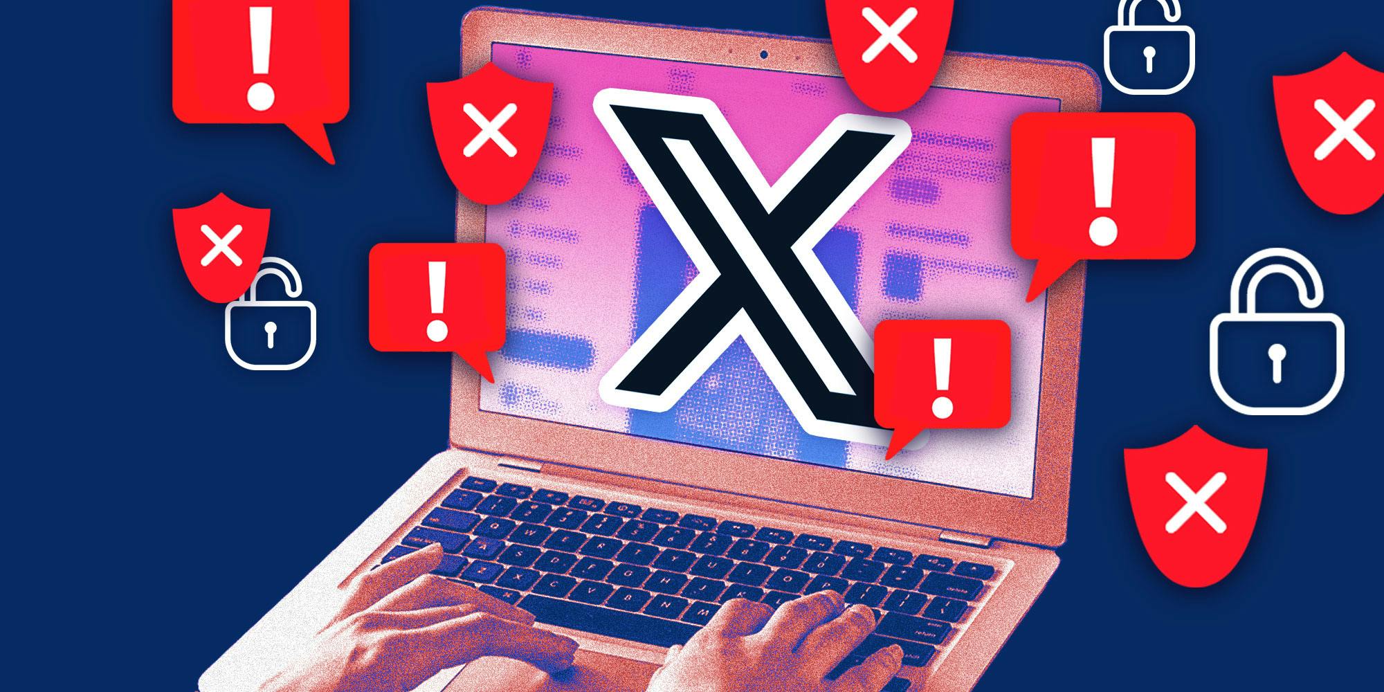 Photo illustration of a laptop on X with several security risk symbols floating around.