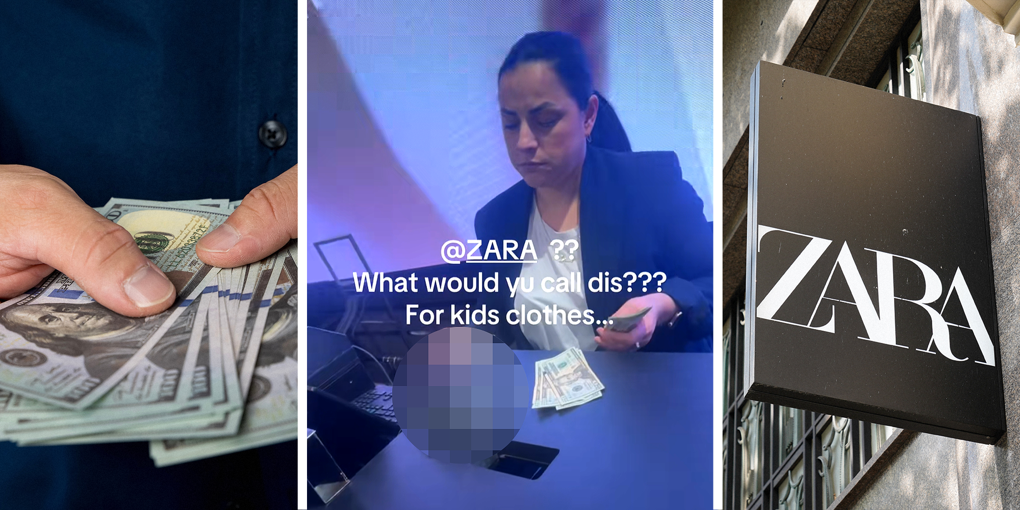 Someone holding out stack of cash in hands on left. Zara employee at store in center. Zara storefront logo on right.