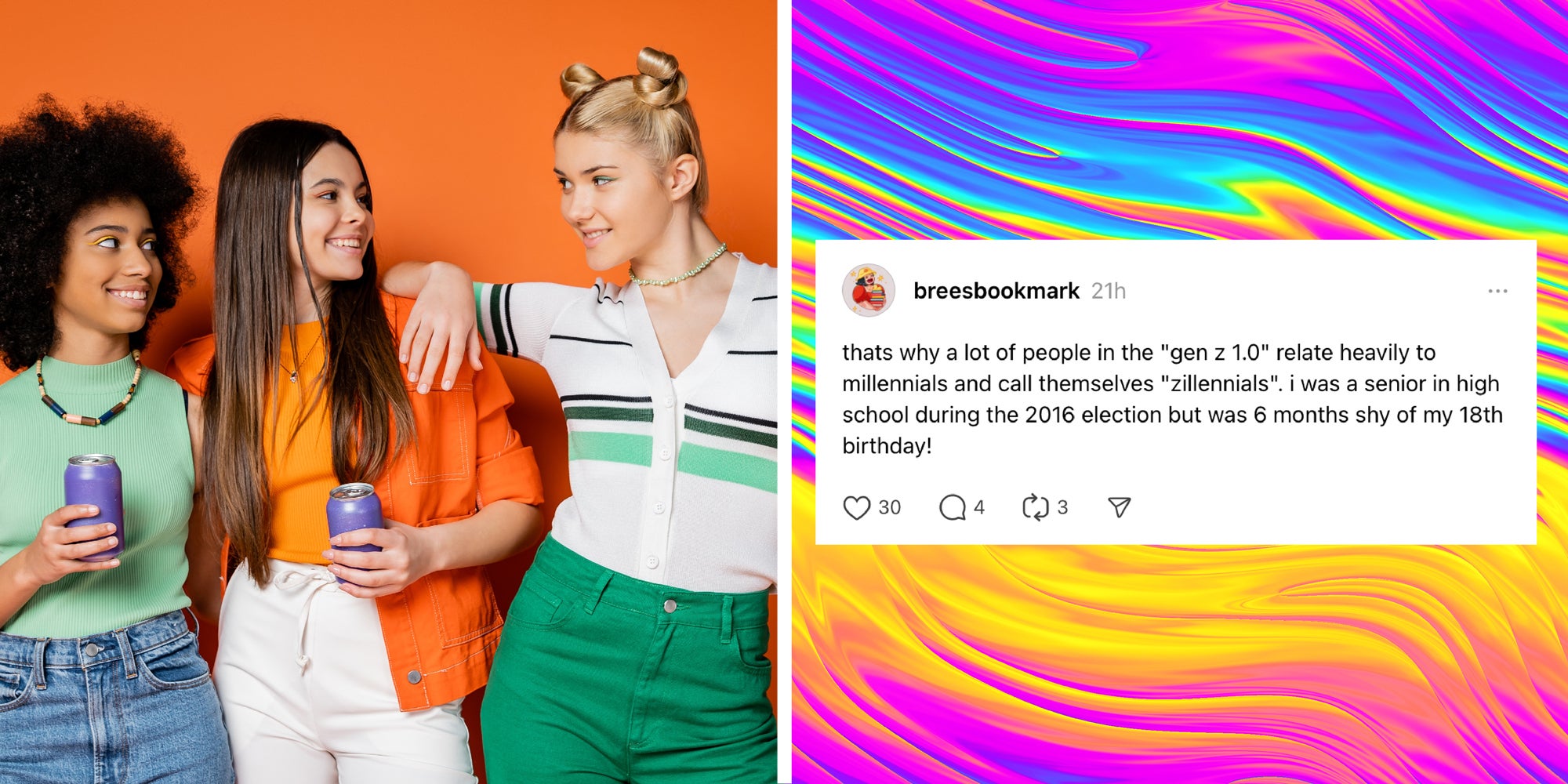 two panel image: on the left young models interact and on the right is a social post in front of a rainbow pattern.