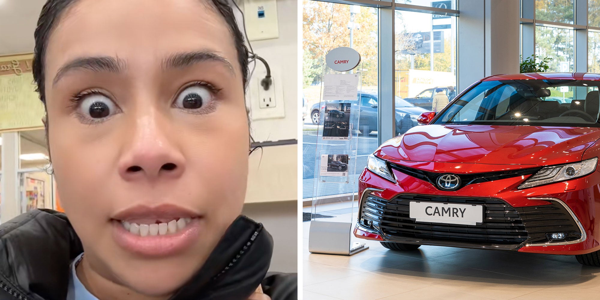 Screenshot of Tiktok user @n3rdriot; Photo of a Toyota Camry in a Dealership showroom
