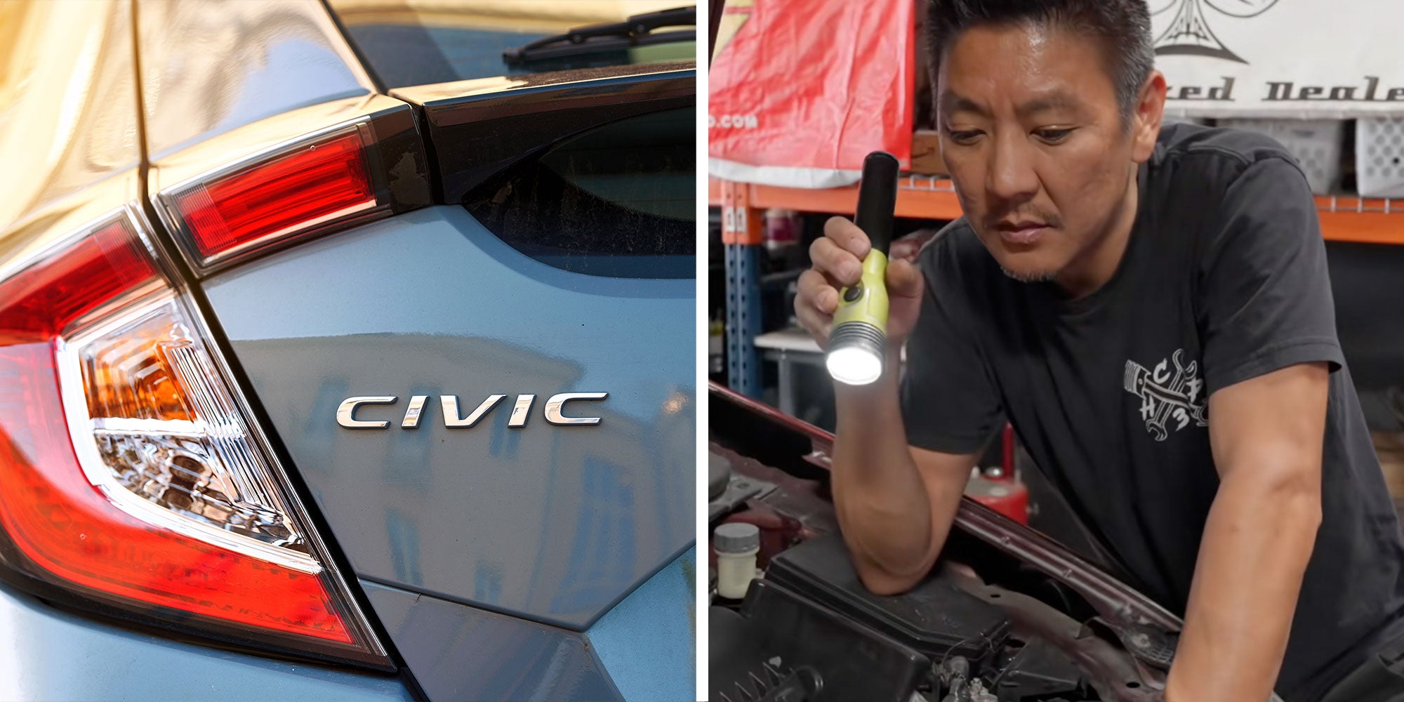 Photo of the rear of a Honda Civic; Screenshot of Tiktok user @concept3performance looking under the hood of a car.