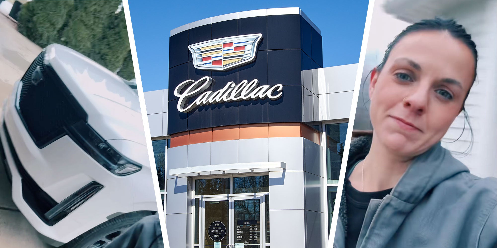 Left: Screenshot of Tiktok user @tmh1274's 2021 Cadillac Escalade; Center: Photo of an exterior of a Cadillac dealership; Right: Screenshot of Tiktok user @tmh1274