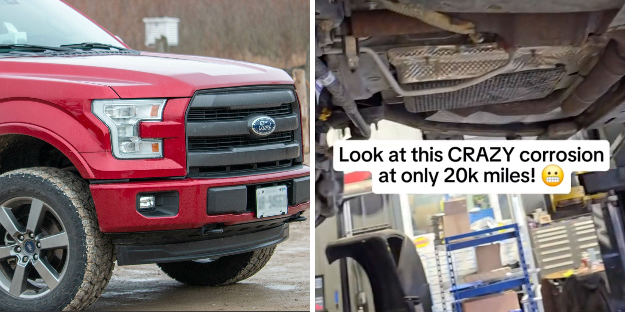 Photo of a 2012 Ford F150; Screenshot from @nextgencarcare's Tiktok of the underside of a Ford F150 with the caption 'Look at this CRAZY corrosion at only 20k miles! [grimacing face emoji]'.