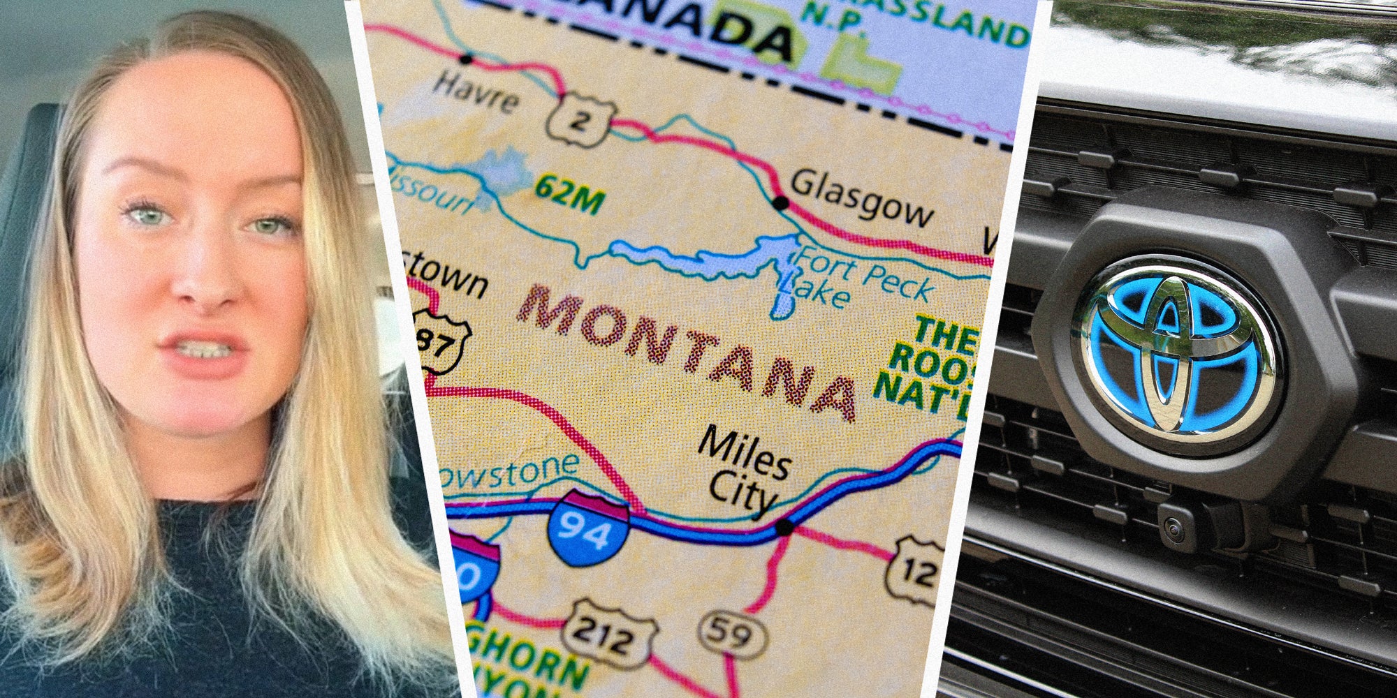 3 panel image: on the left a person explains, in the middle a state map of Montana, and on the right a Toyota logo.