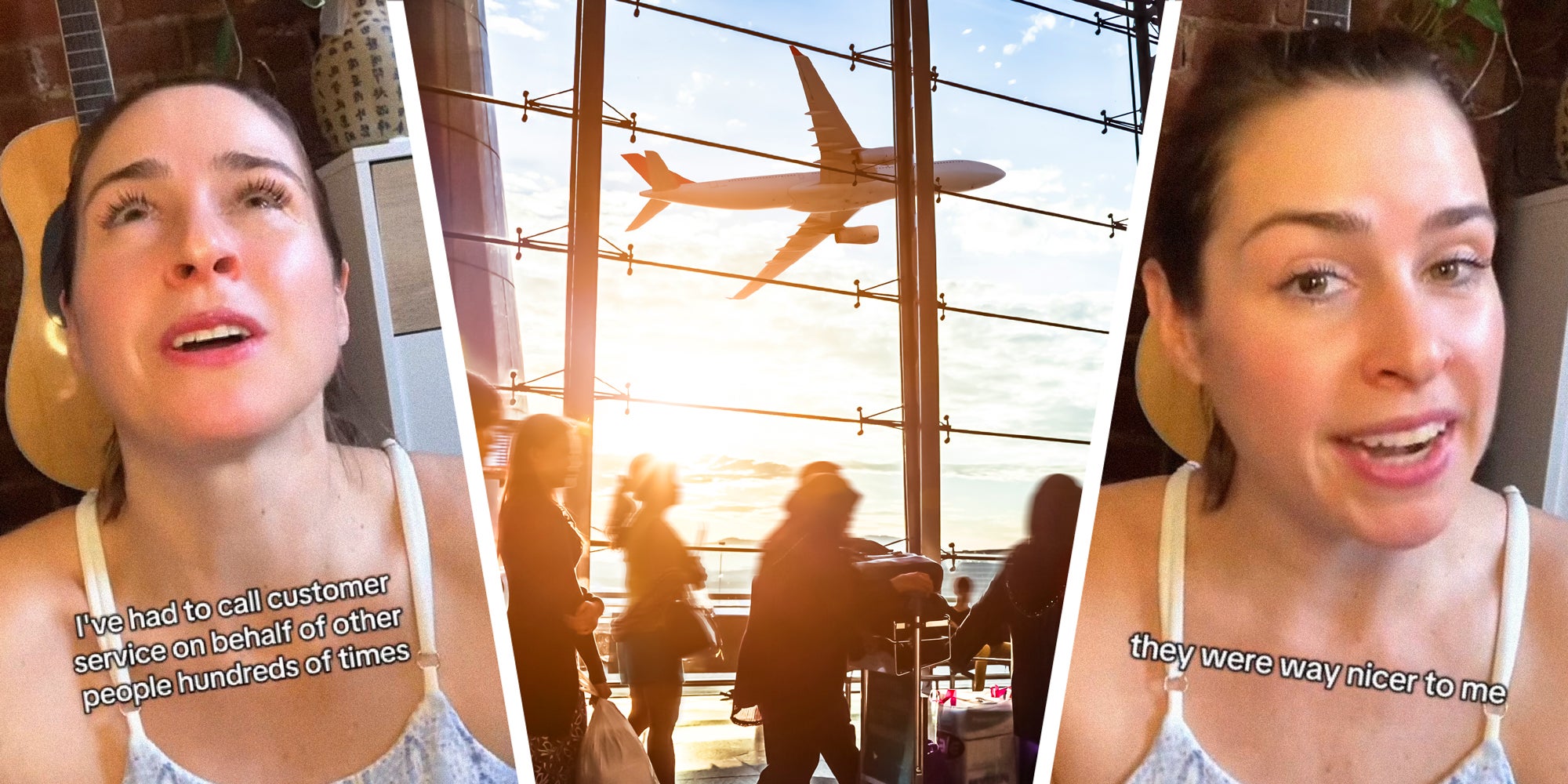 3 panel image: on the sides a person explains and in the middle is a scene from an airport.