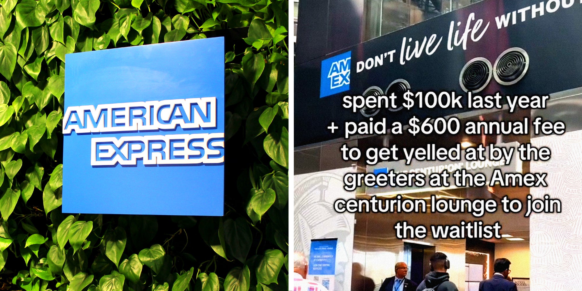 2 panel image: on the left is the American Express logo, and on the right is a shot of the AmEx airport lounge and text over says, 'spent $100k last year + paid a $600 annual fee to get yelled at by the greeters at the Amex centurion lounge to join the waitlist'