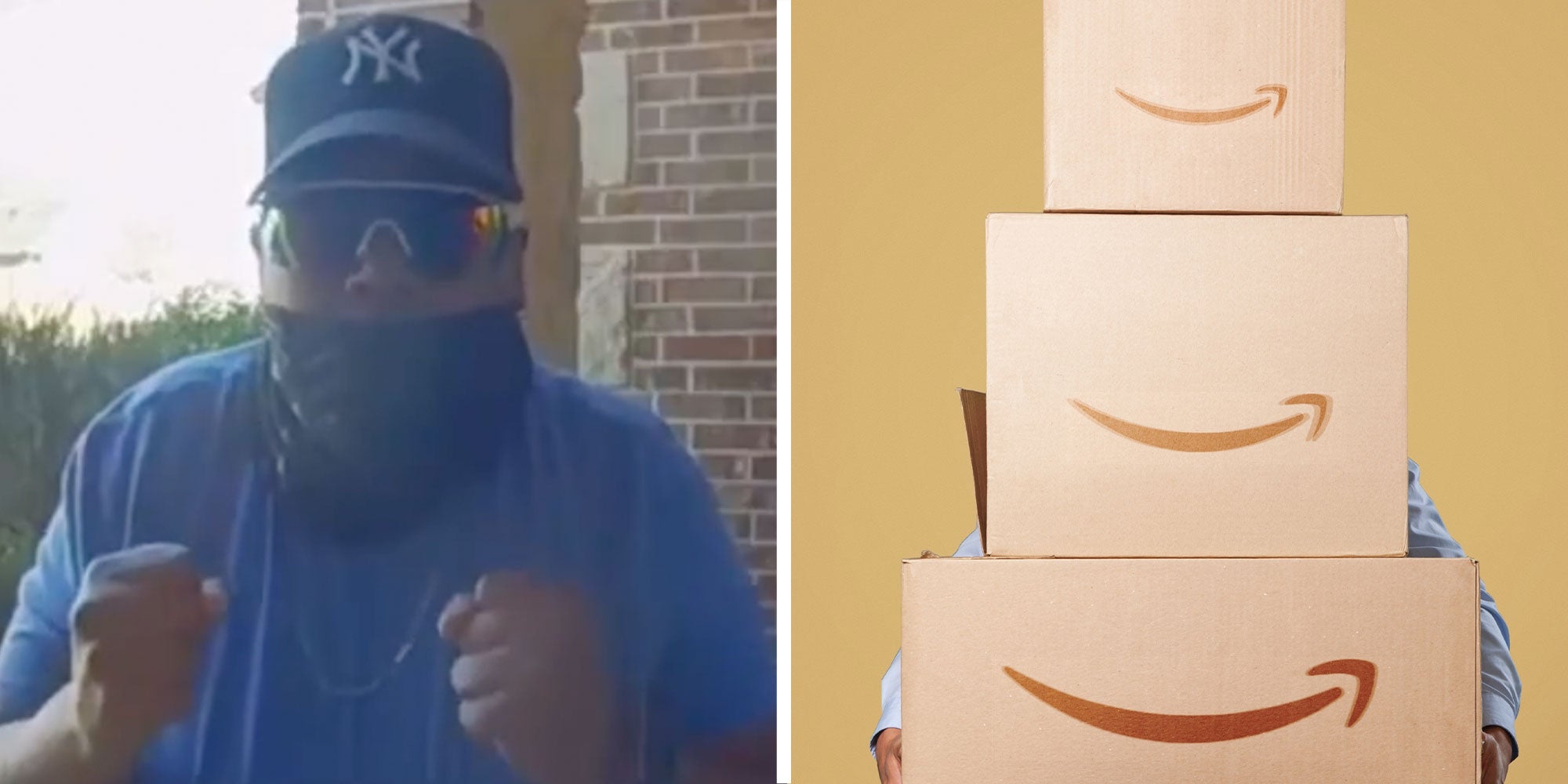 two panel design with a person ranting at a camera looking very upset, next to an image of a person holding boxes from Amazon