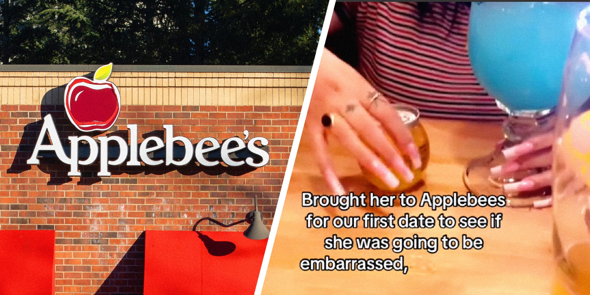 2 panel image: on the left is the exterior of an Applebee's restaurant and on the right is a restaurant table, text over: Brought her to Applebees for our first date to see if she was going to be embarrassed