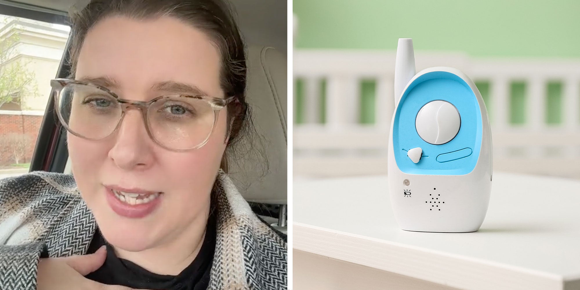 two panel design with a woman talking at the camera from inside of her car, next to an image of a baby monitor
