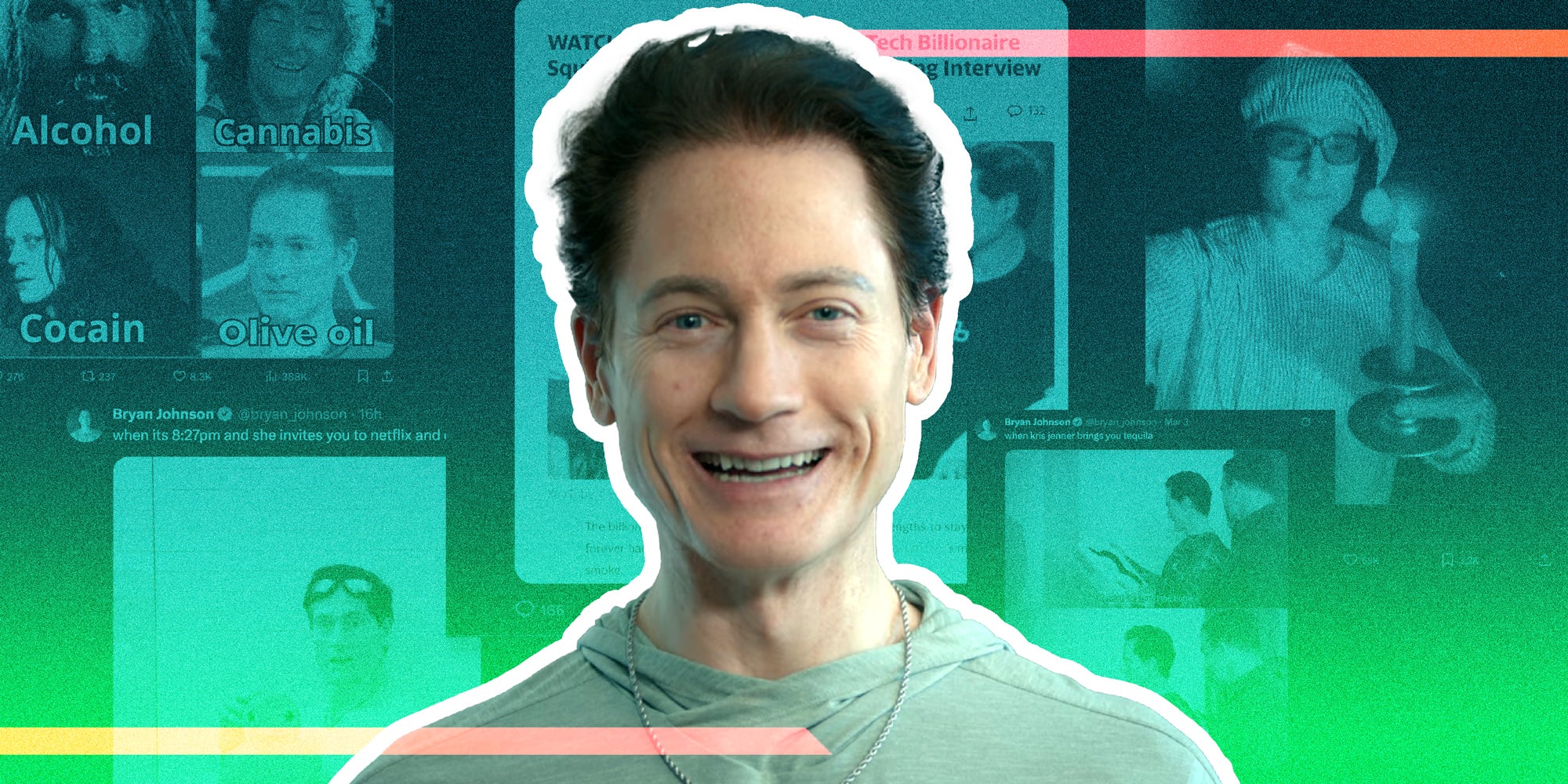 Photo collage of Bryan Johnson in front of X posts from his account.