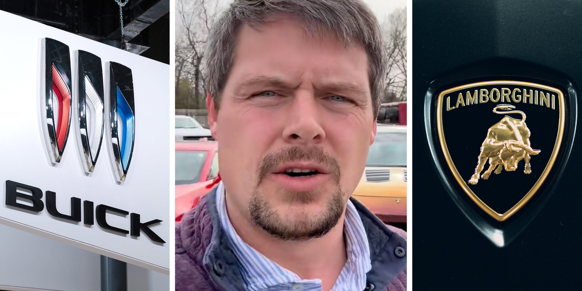 Buick logo(l), man talking(c), Lamborghini logo(r)
