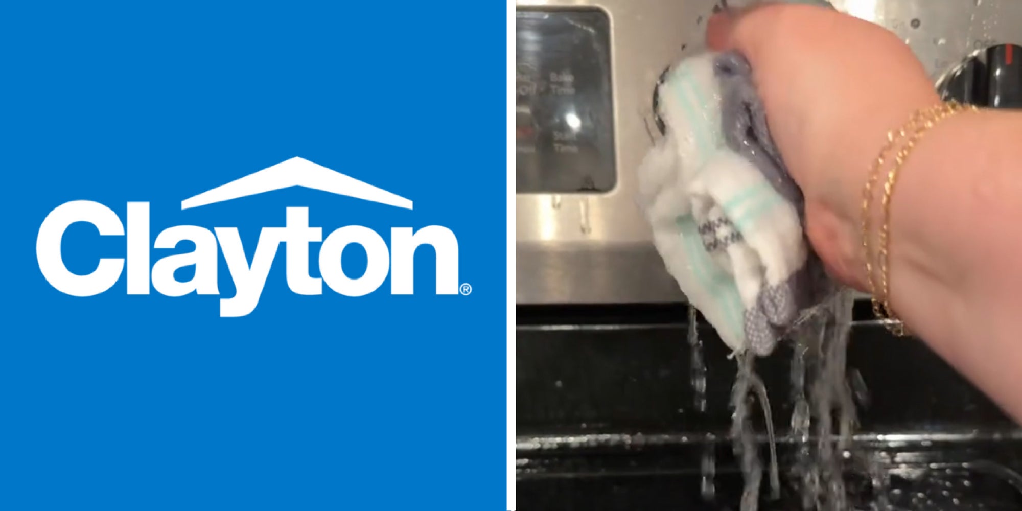 2 panel image: the Clayton Homes logo and a person squeezing out a sopping wet rag.