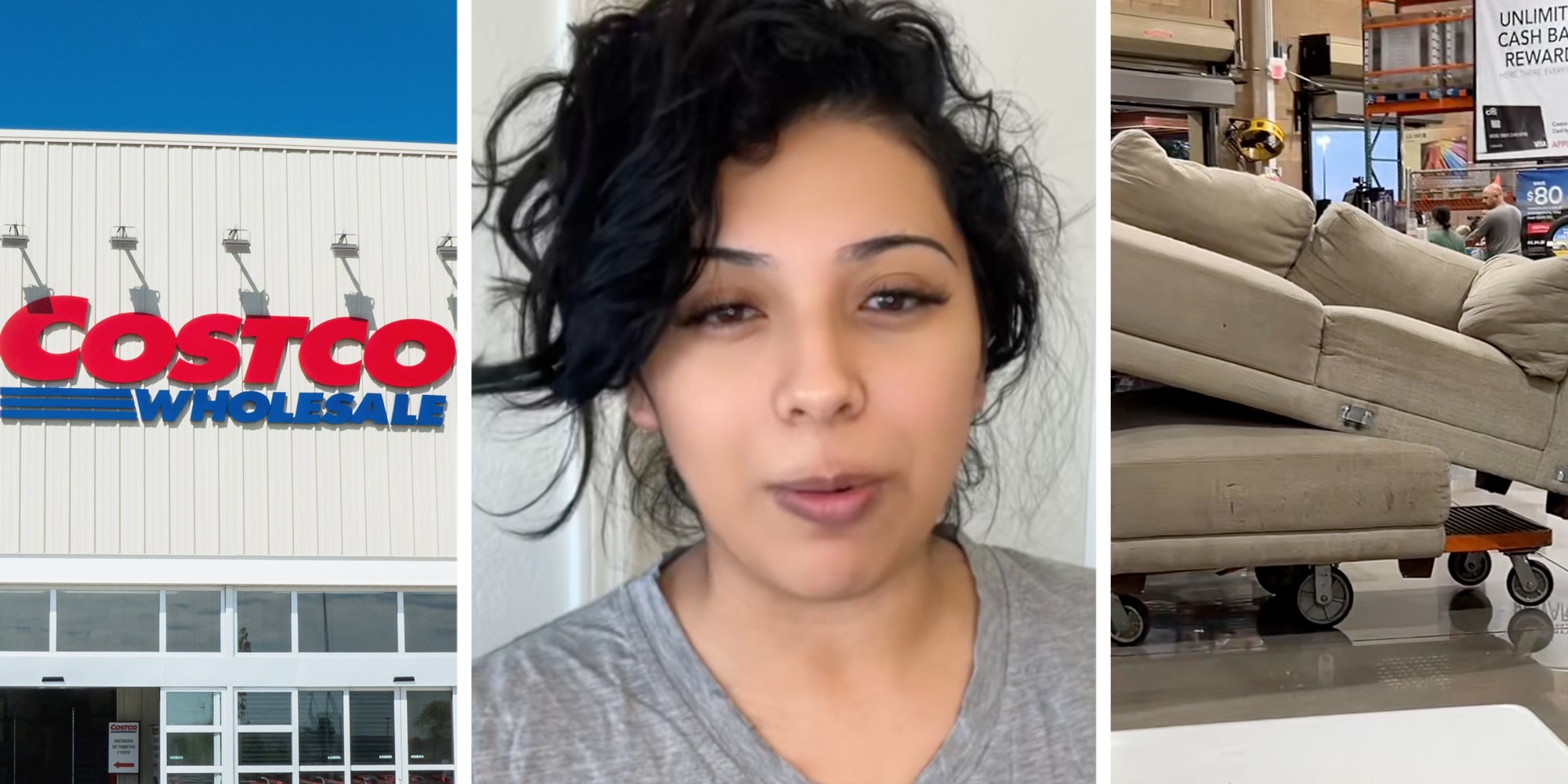 Costco(l), Woman talking(c), Couch(r)