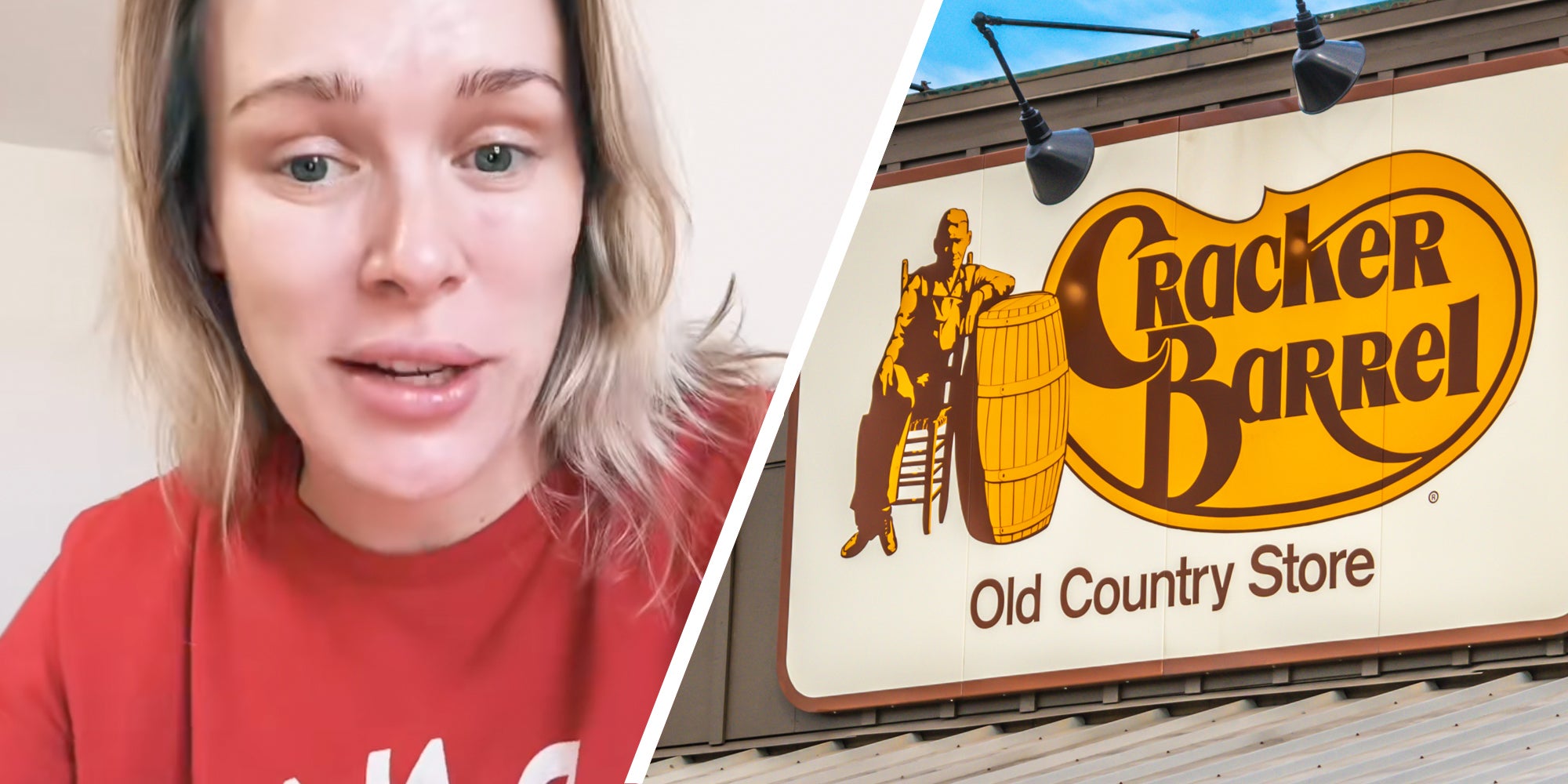 Woman talking(l), Cracker Barrel sign(r)