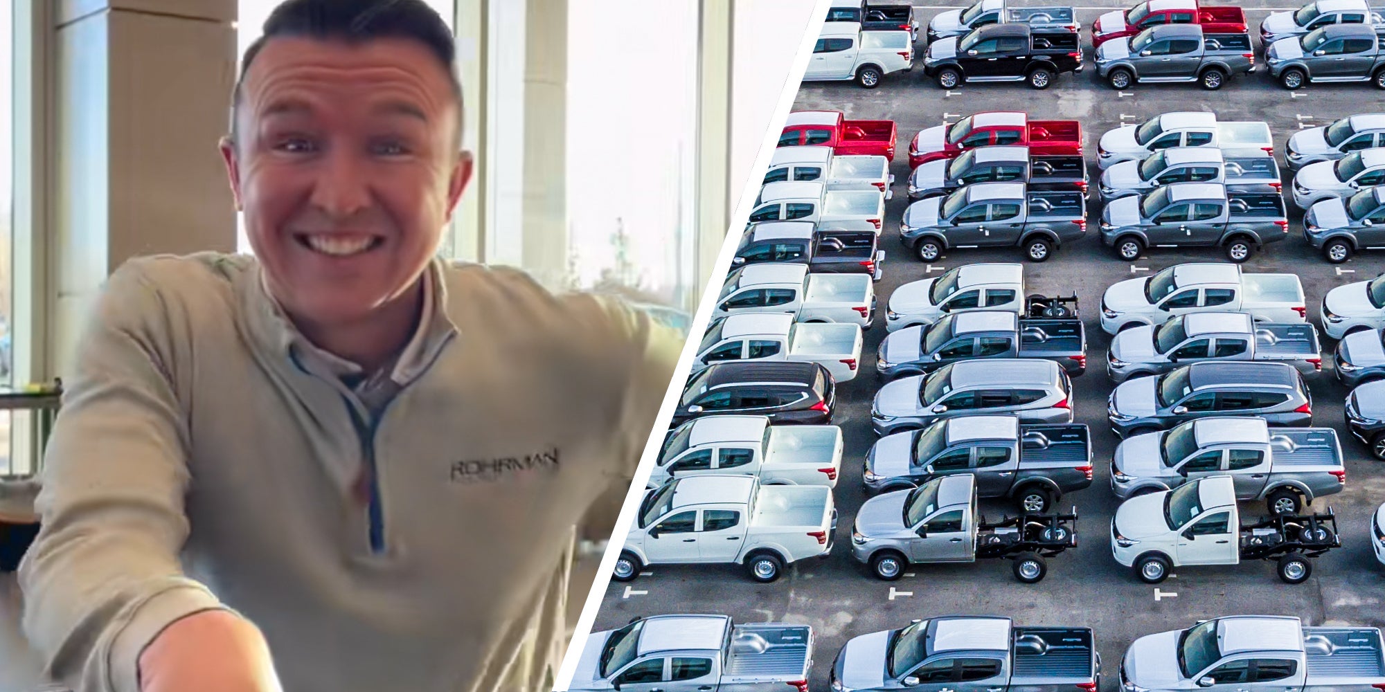 Man talking(l), Dealership parking lot(r)