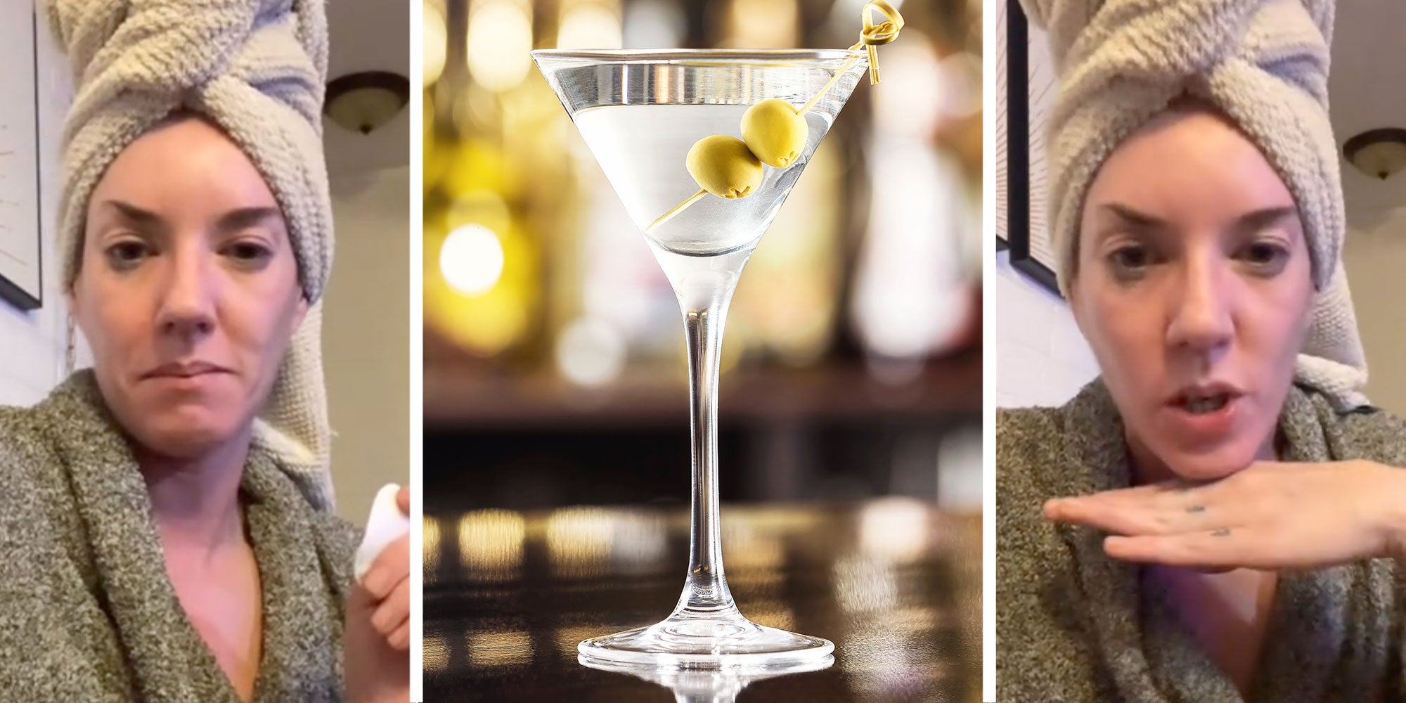 Three panel design with a woman looking at the camera with a judging expressing, next to a dirty martini image, next to an image of the same woman, this time with an expression of 'go on...'