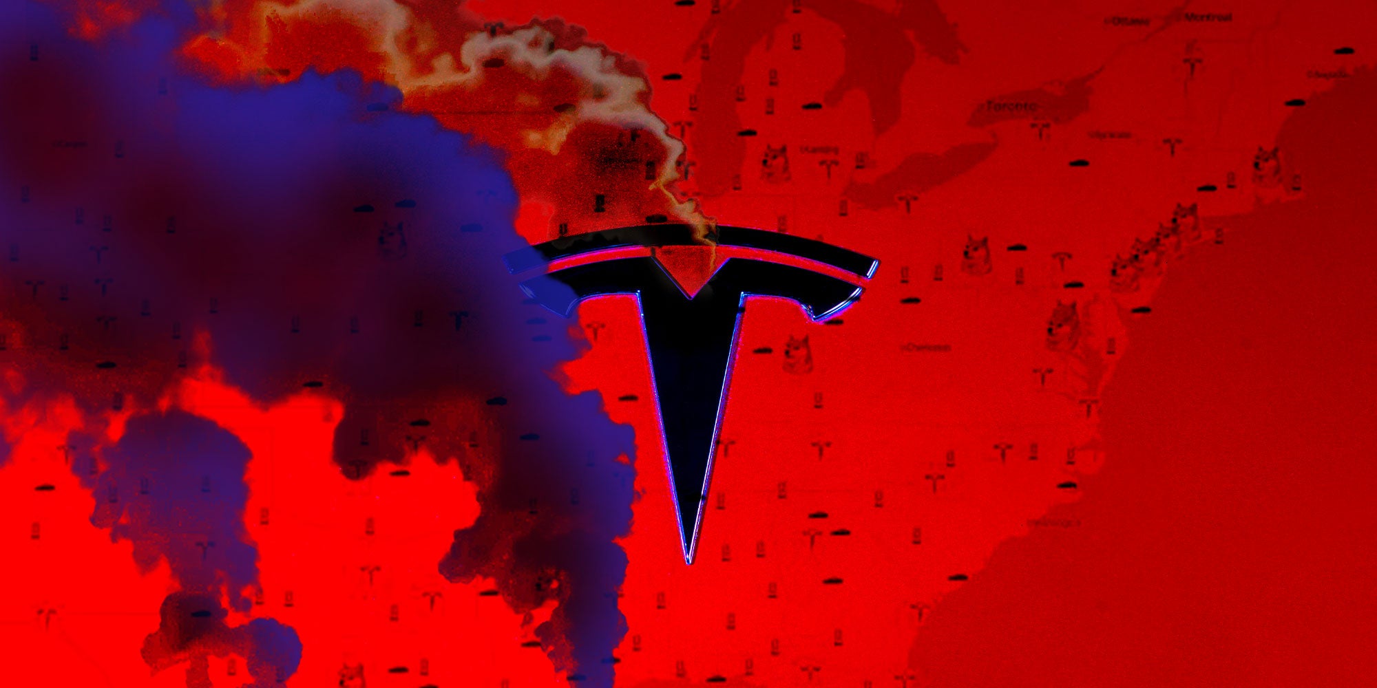 Tesla logo over a map of the US with smoke clouds