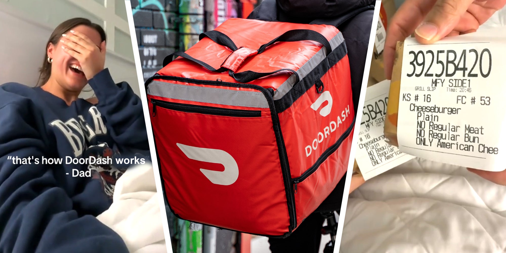 3 panel image - left to right - a person laughs, a doordash delivery driver and a receipt from a McDonald's delivery order.