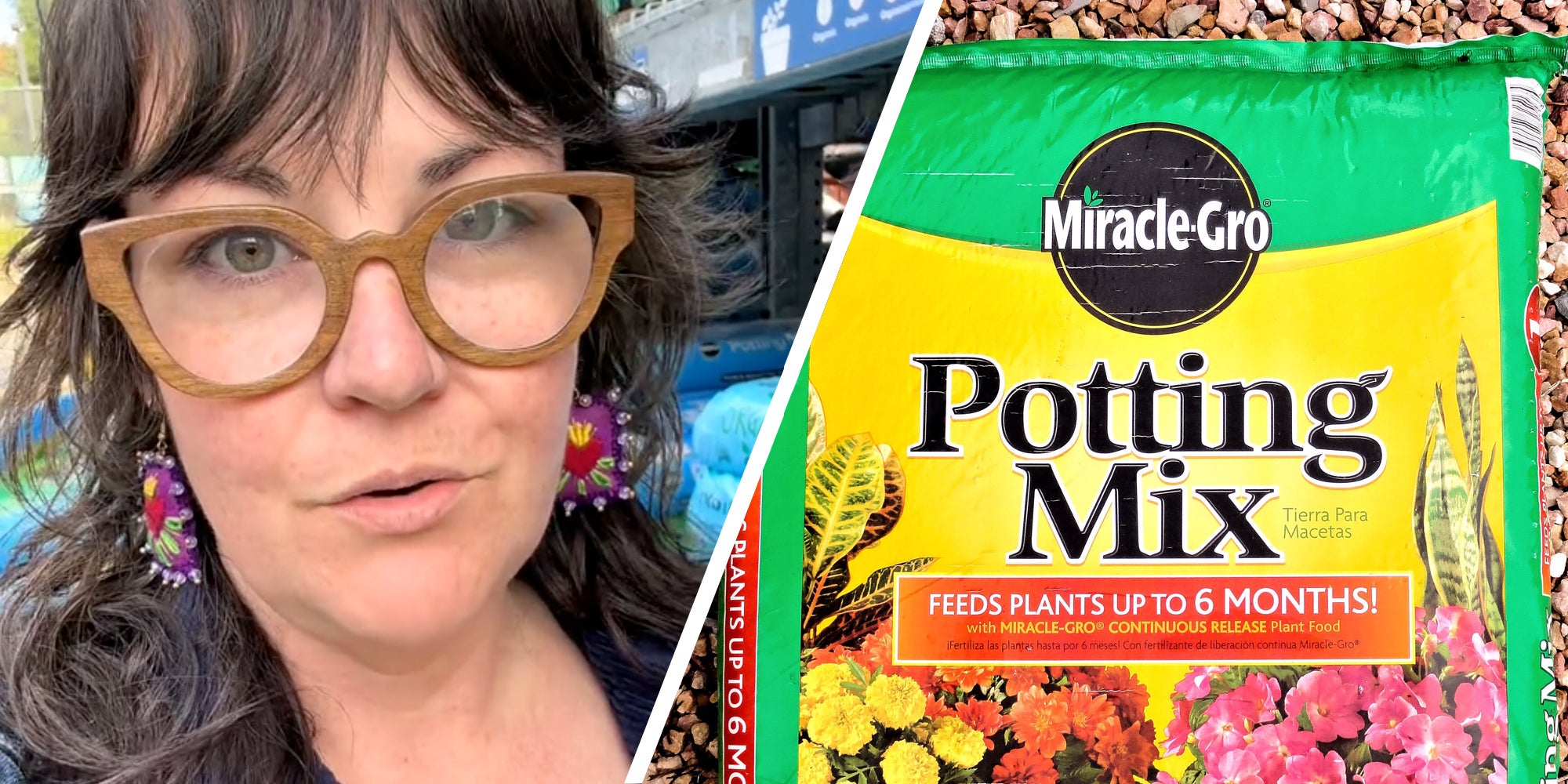 Woman talking(l), Miracle Gro Potting mix bag(r)