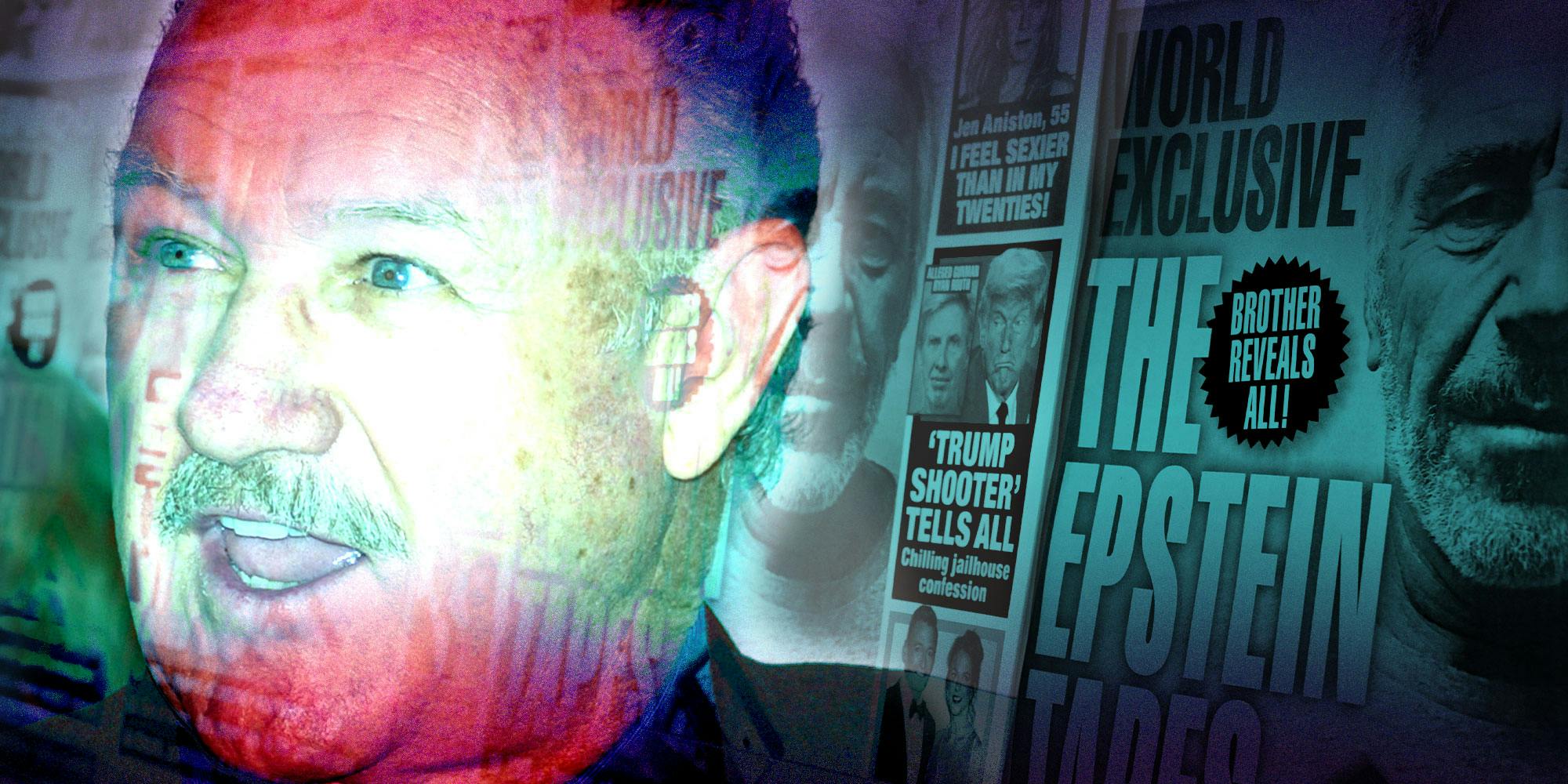 Design with Gene Hackman on the left overlaid on images of magazines reading 'The Epstein Tapes'