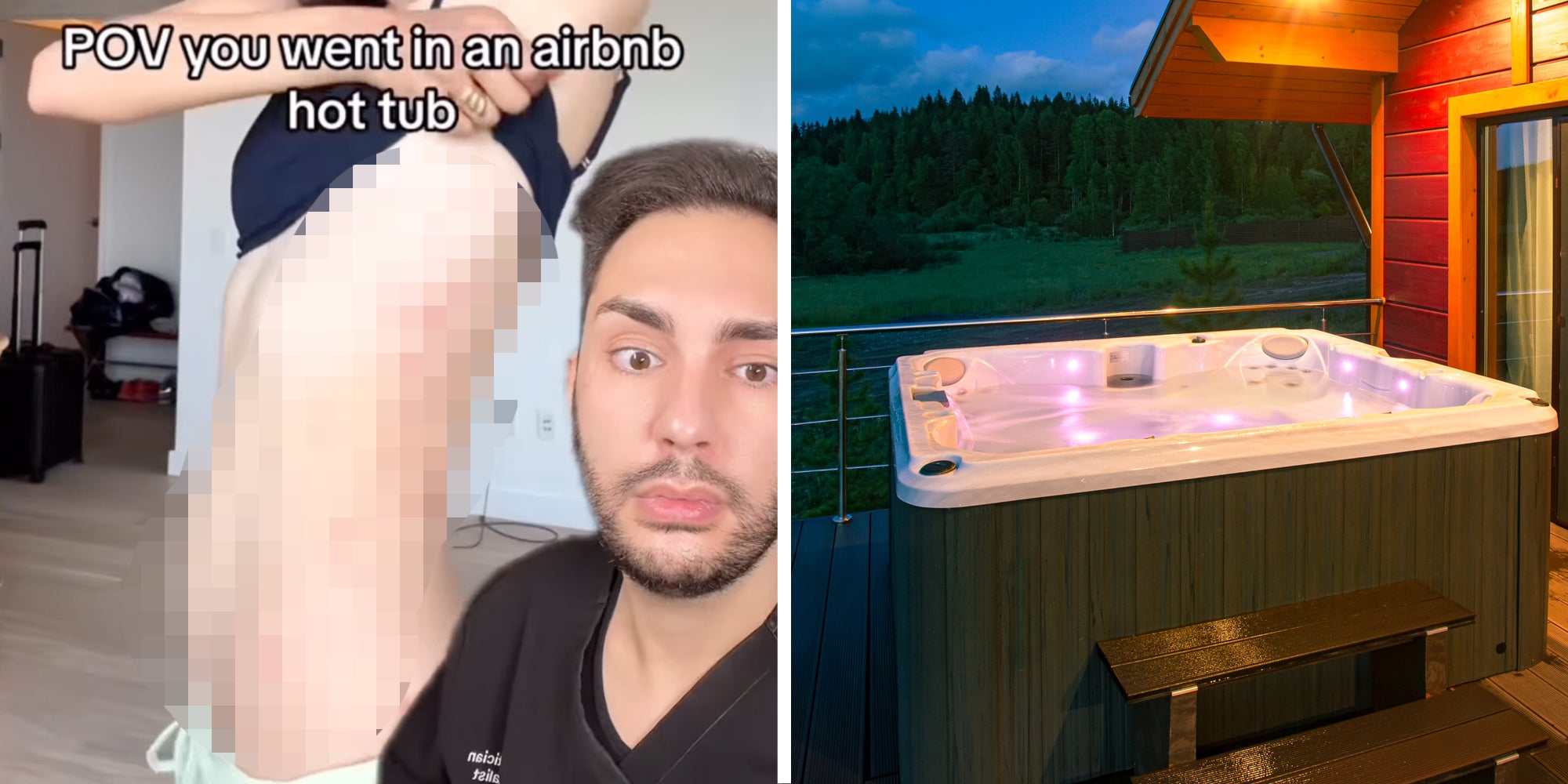 Woman showing off skin with doctor concerned and text 'pov you went in an airbnb hot tub'(l), Hot tub(r)