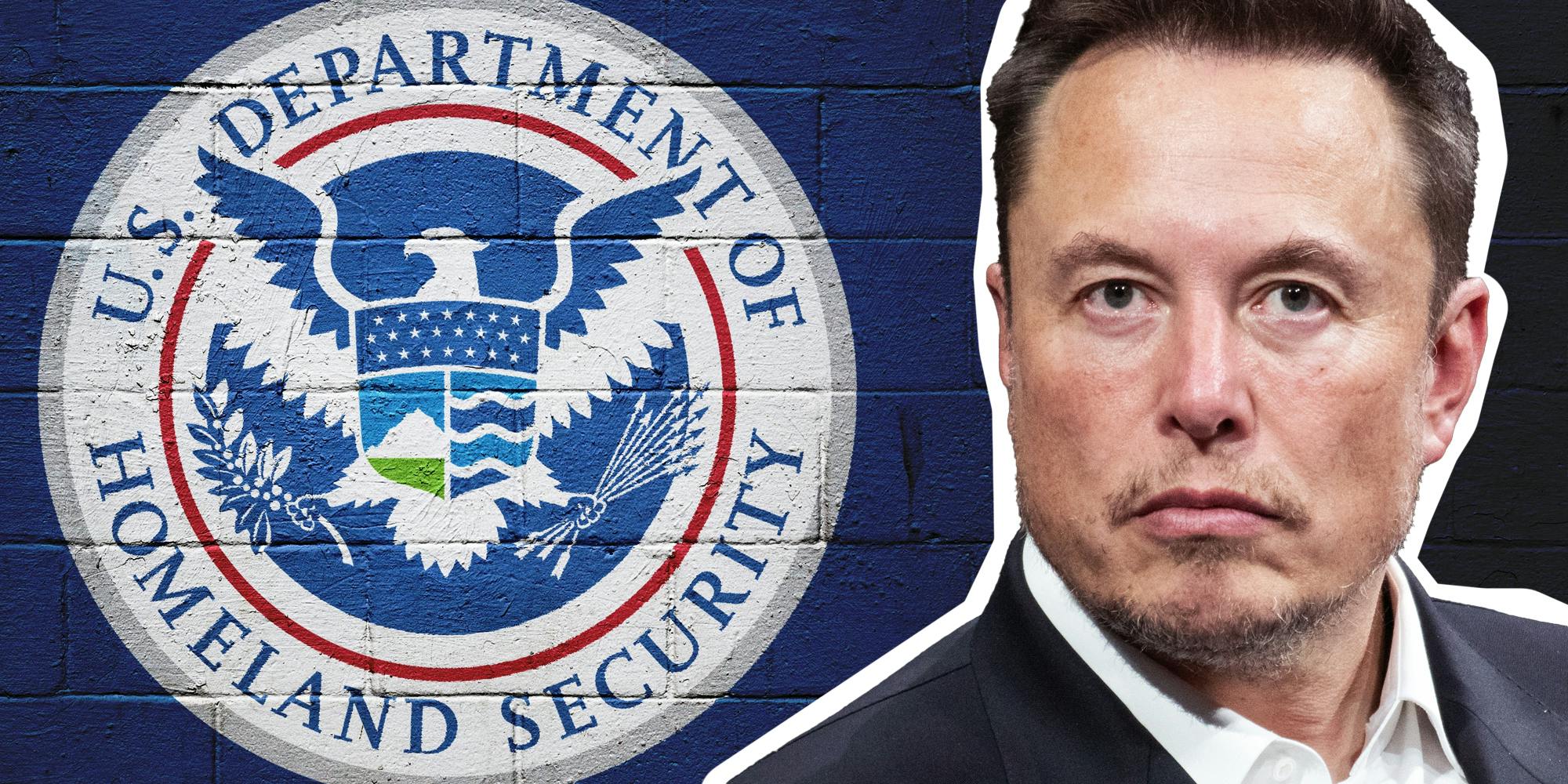 Elon Musk over Homeland Security logo