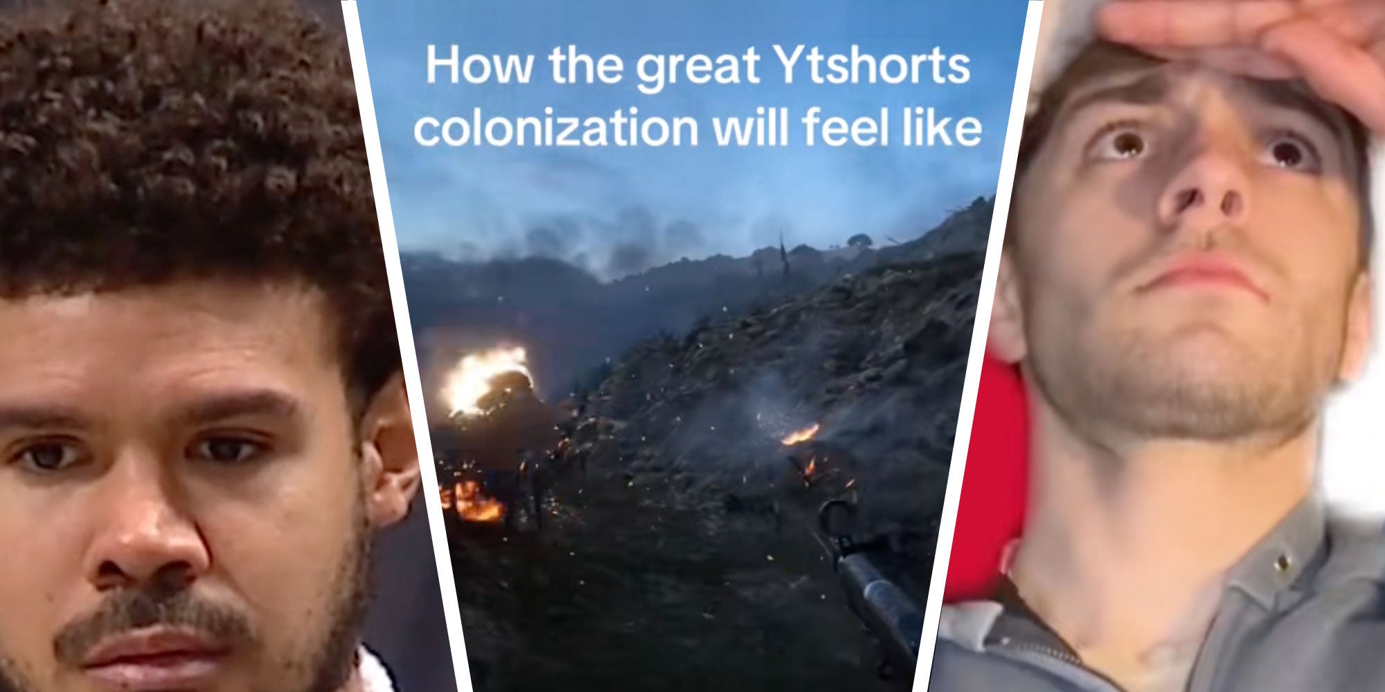 three panel design with a man looking off into the distance, next to an image of a war scene from a video game with text reading 'How the great YTshorts colonization will feel like', next to an image of a man doing a salute.