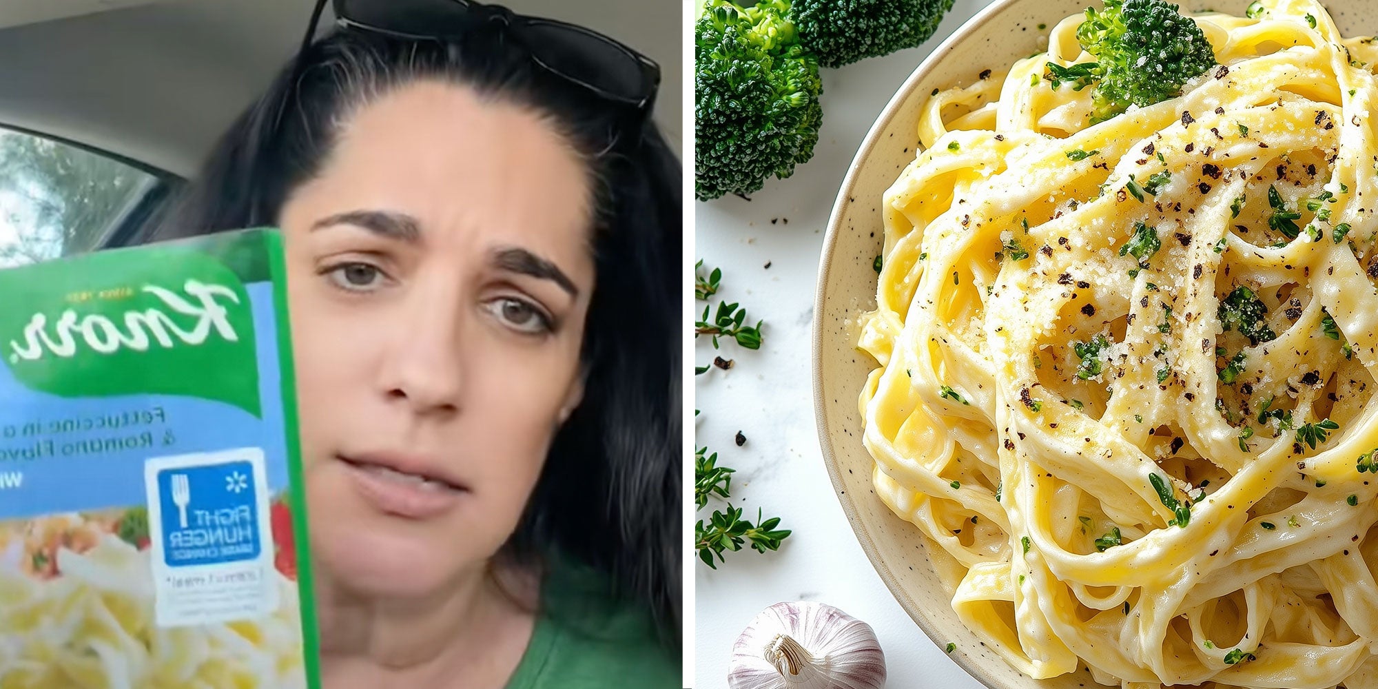 Two panel design with a woman holding up a packet of pasta seasoning, next to an image of a plate of prepared pasta