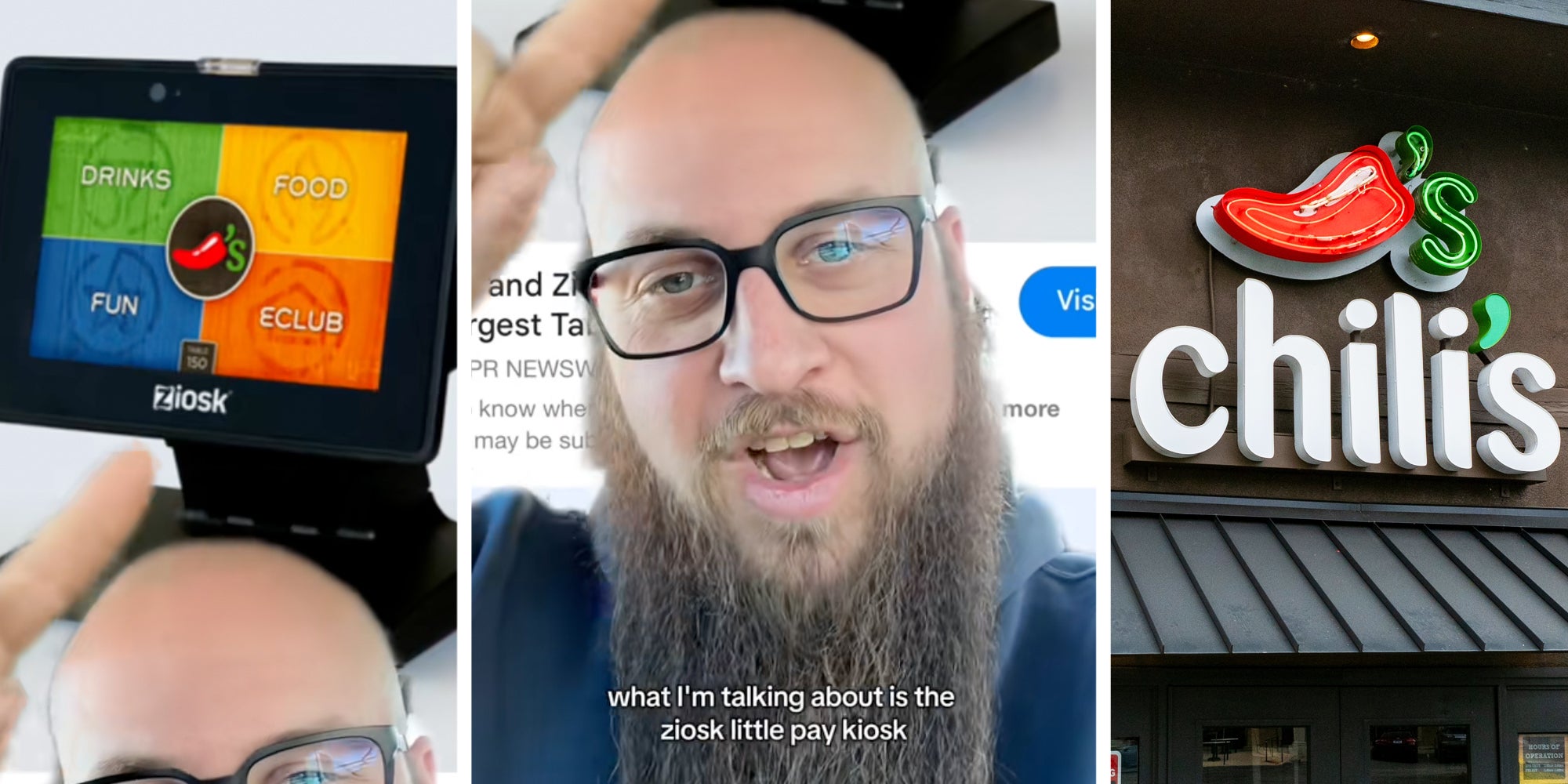 Ziosk Tablet(l), Man talking(c), Chili's(r)