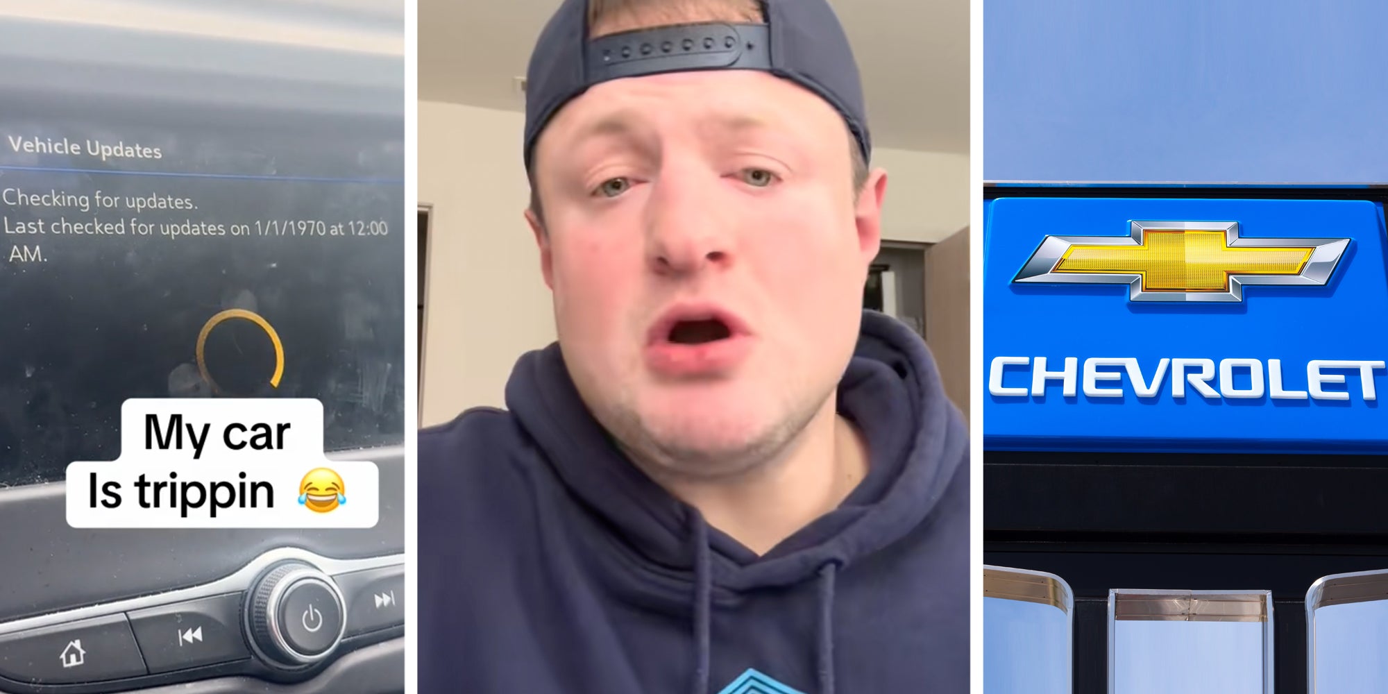 Car dashboard updating(l), Man talking(c), Chevrolet sign(r)