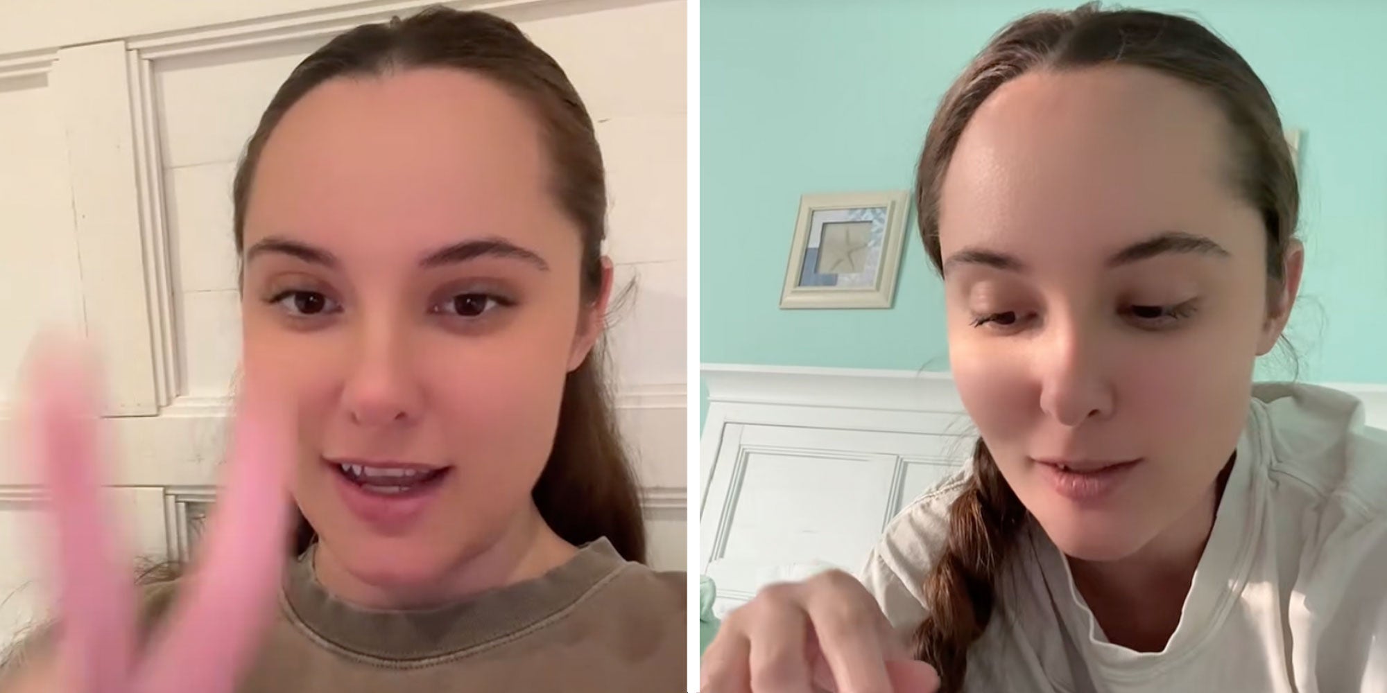 Two panel design with a woman talking at the camera