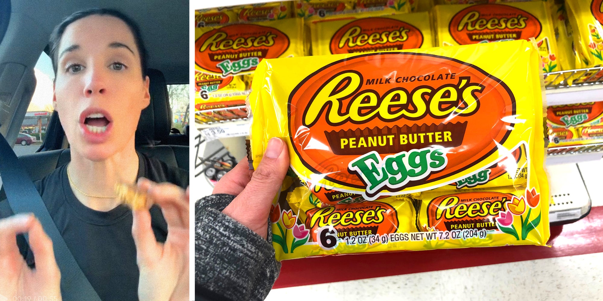 2 panel image: on the left a person explains, on the right a person holds a bag of Reese's Peanut Butter Eggs in a store candy aisle.