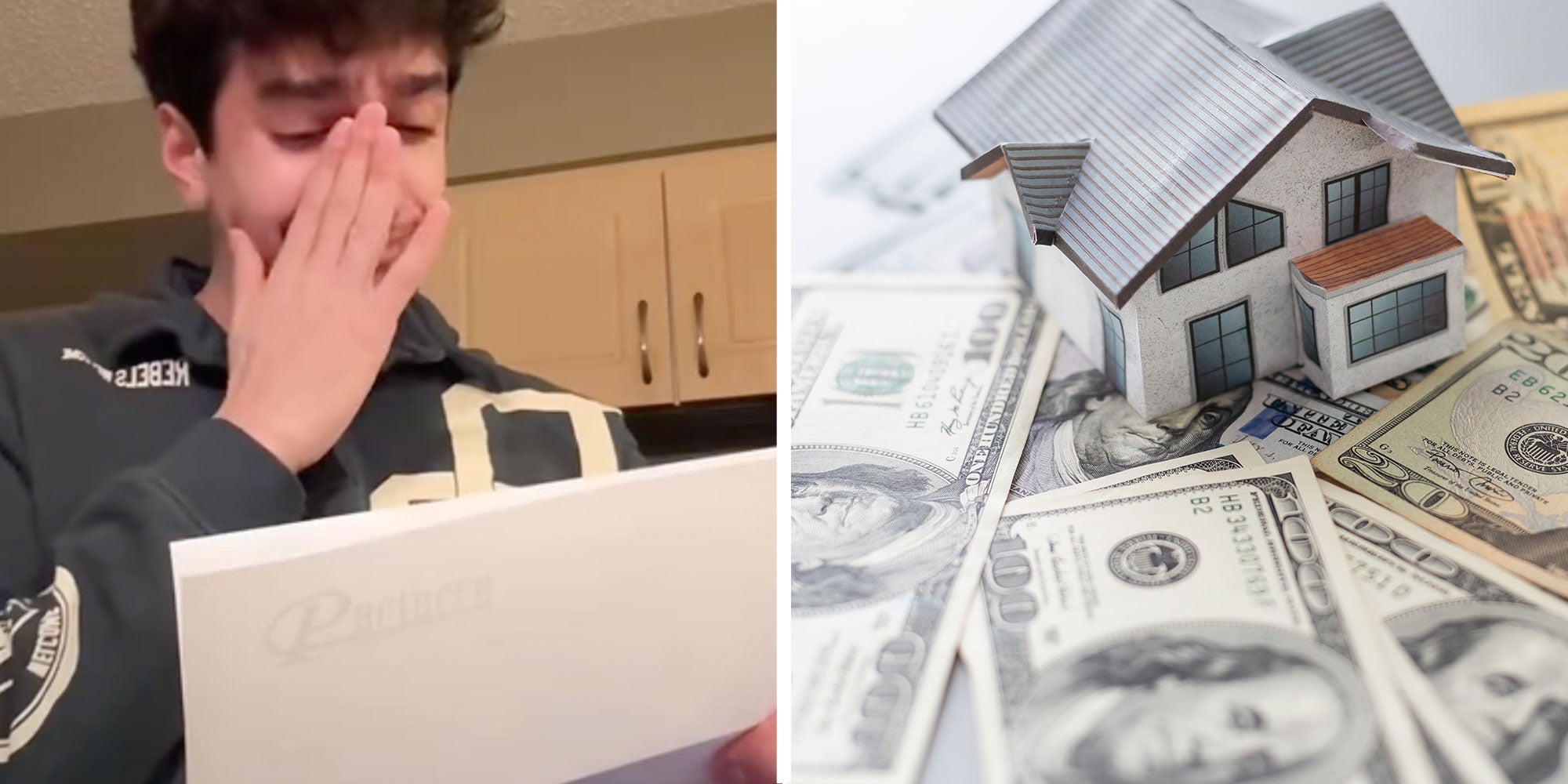 two panel design with a man looking upset as he wipes his tears, next to an image of money next to a small home to symbolize rent