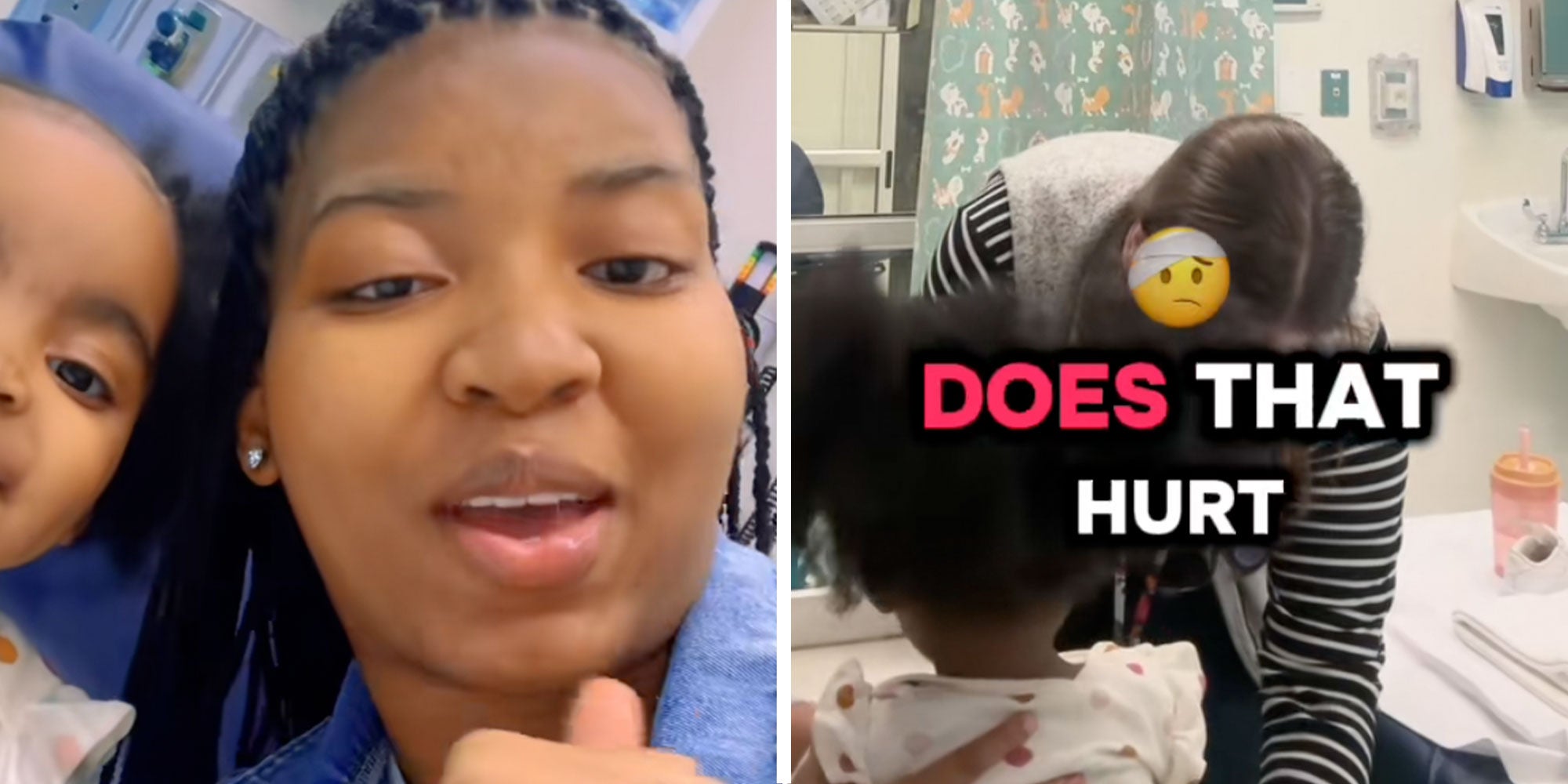 two panel design with a woman and her child in the doctor's office, net to an image of a child and a doctor interacting.