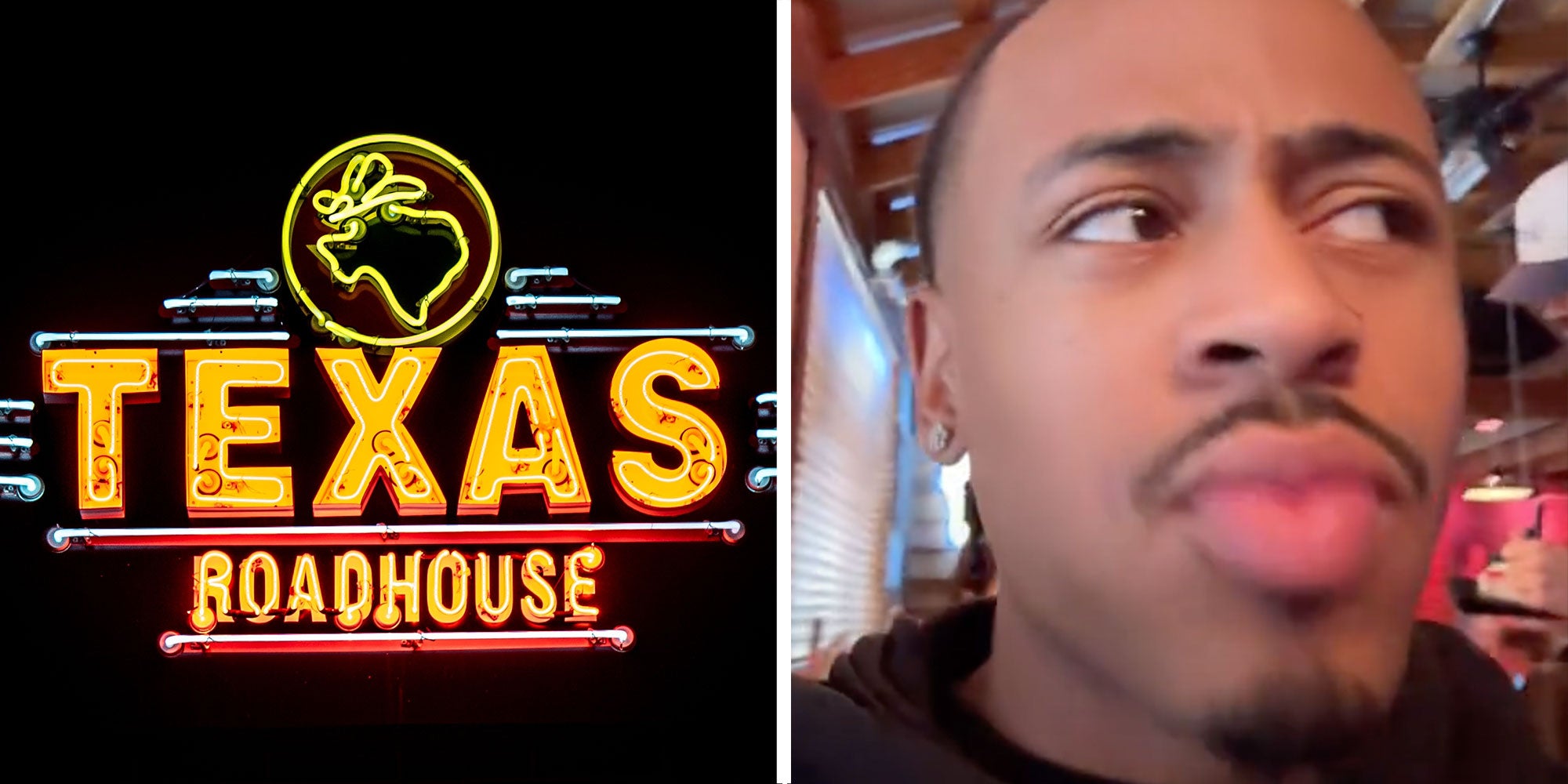 Two panel design with a sign of Texas Roadhouse, next to an image of a man looking off to the side.