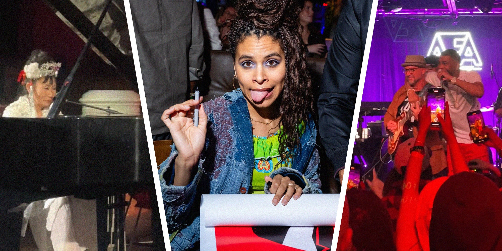 woman playing piano(l) Zazie Beetz(c) people recording concerts(r)