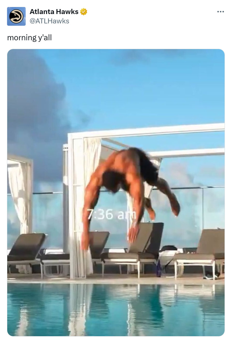 Saratoga water meme from the Atlanta Hawks, text reads, 'morning y'all' with a screenshot of Anthony Hall jumping in a pool with a 7:36am time stamp.