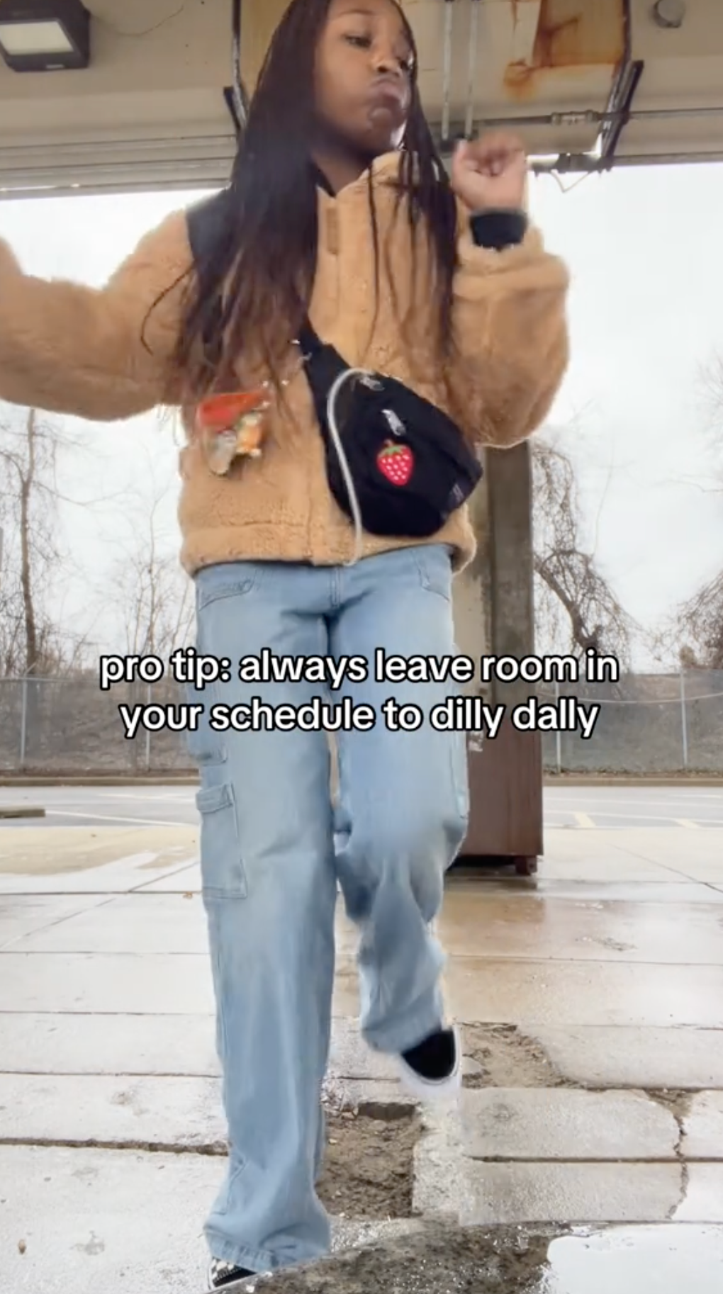 A woman dancing with the caption 'you should always leave time in your schedule to dilly dally'