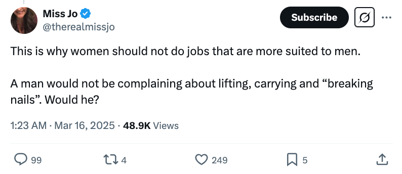 A user calling out an Amazon Delivery Driver for working a man's job