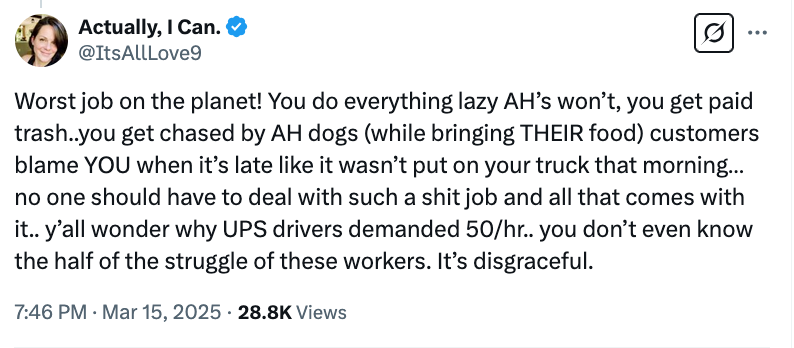A text talking about how Amazon delivery drivers have the worst job on the planet
