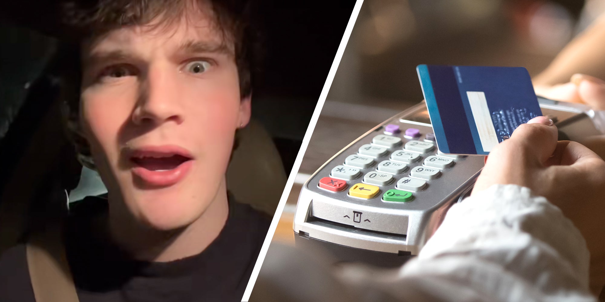 Man looking shocked(l), hand with debit card over card reader(r)