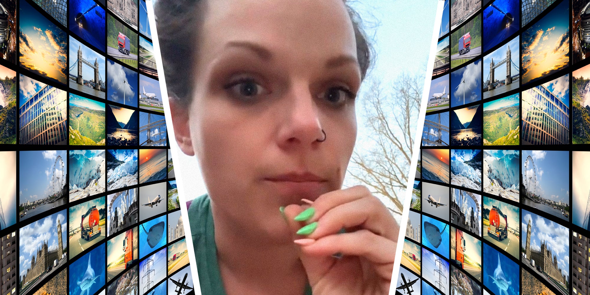 A person explains while streaming content appears on a wall of screens behind them.