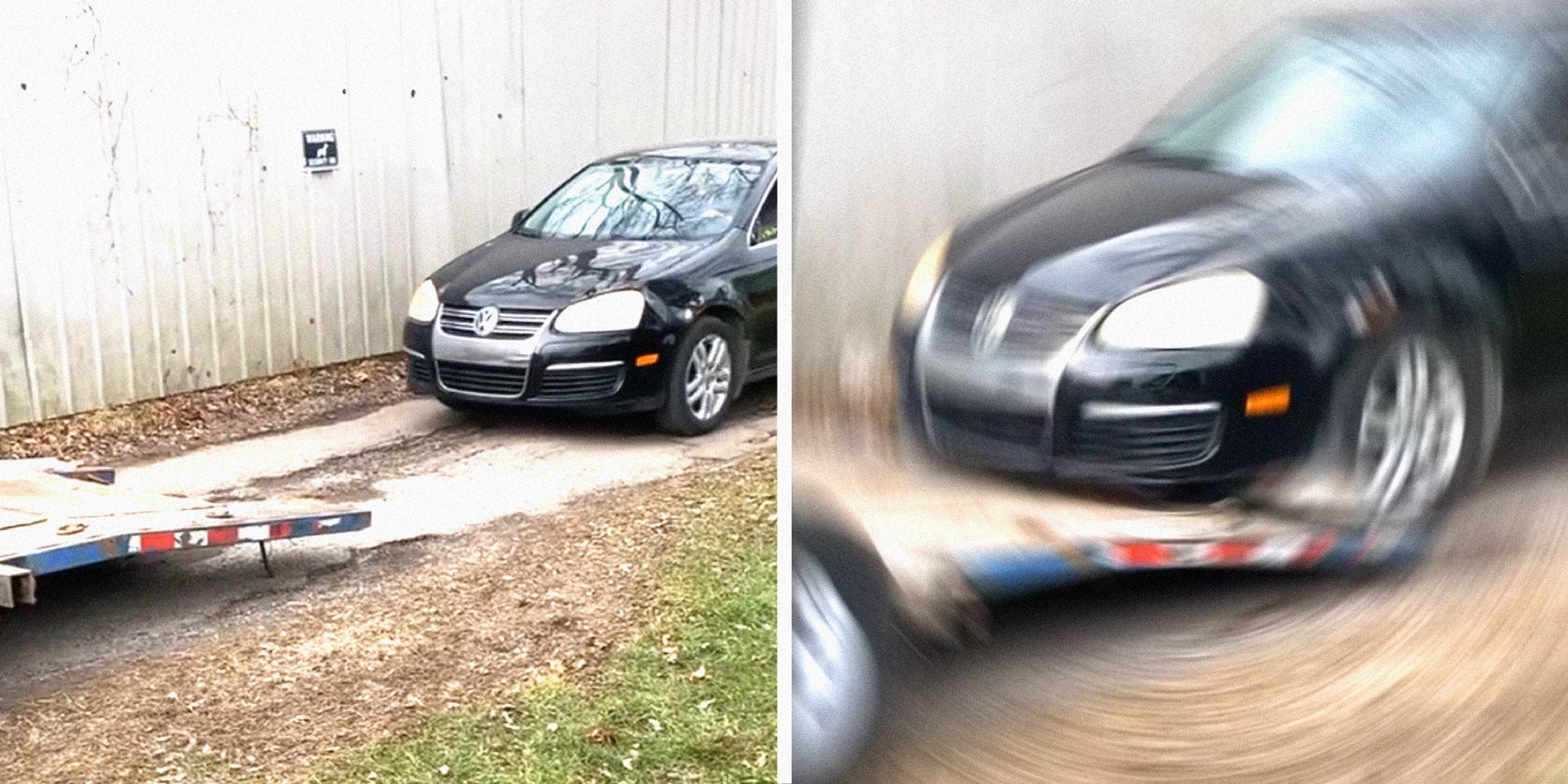 2 panel image of car being loaded onto a trailer bed.