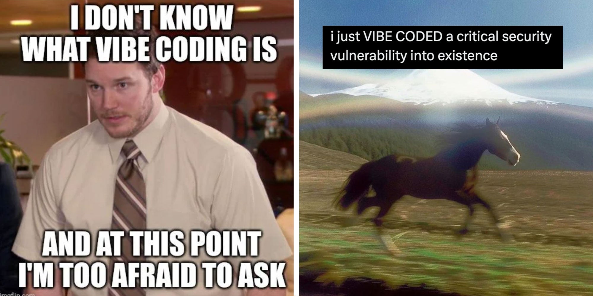 two panel design with a meme that reads 'I Don't know what vibe coding is and at this point i'm too afraid to ask', next to an image of a horse running in a field with a mountaIn in the background with text reading 'i just VIBE CODED a critical security vulnerability into existence'