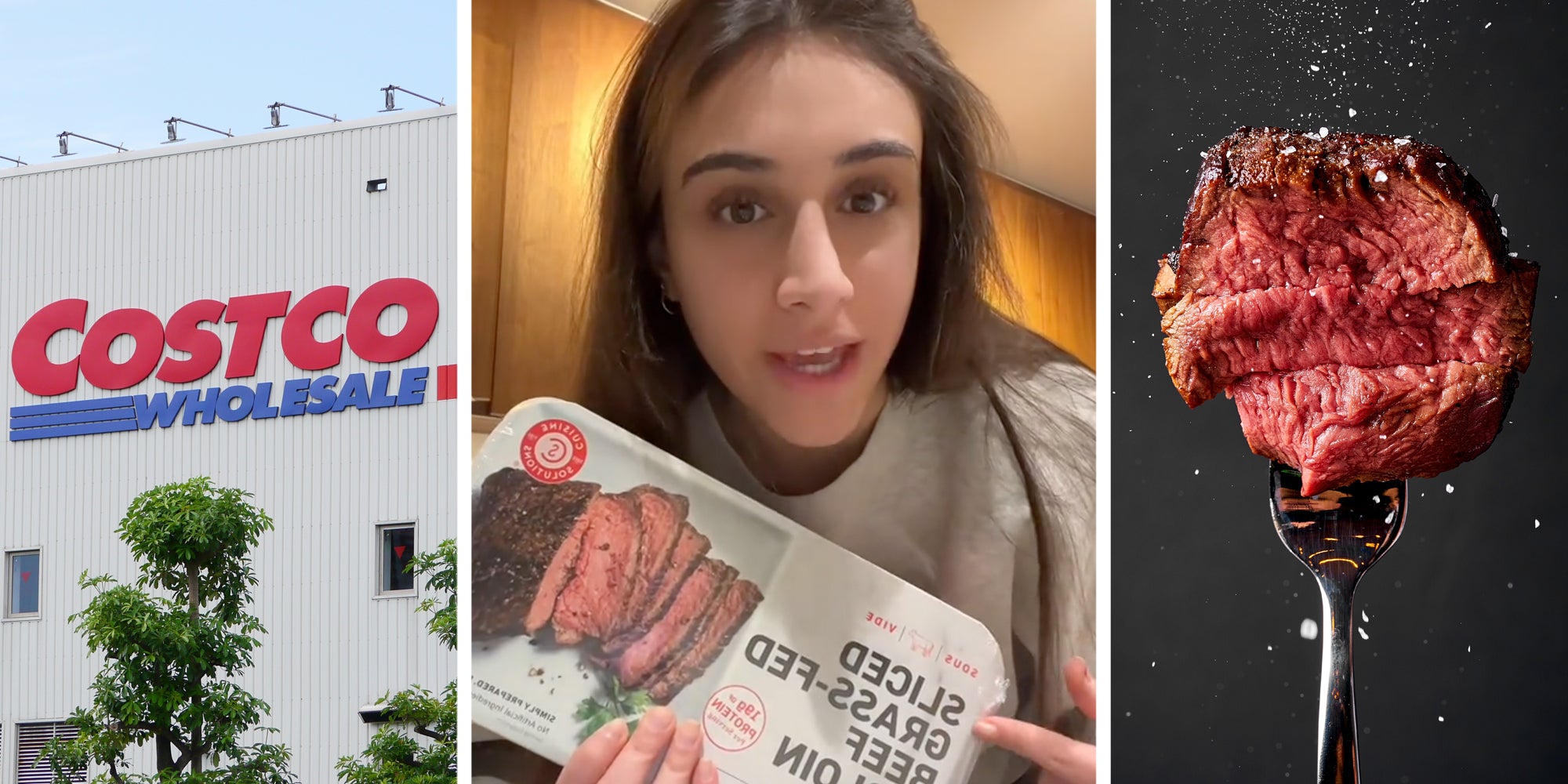 Costco Wholesale(l), Woman talking with steak(c), Fork with steak(r)